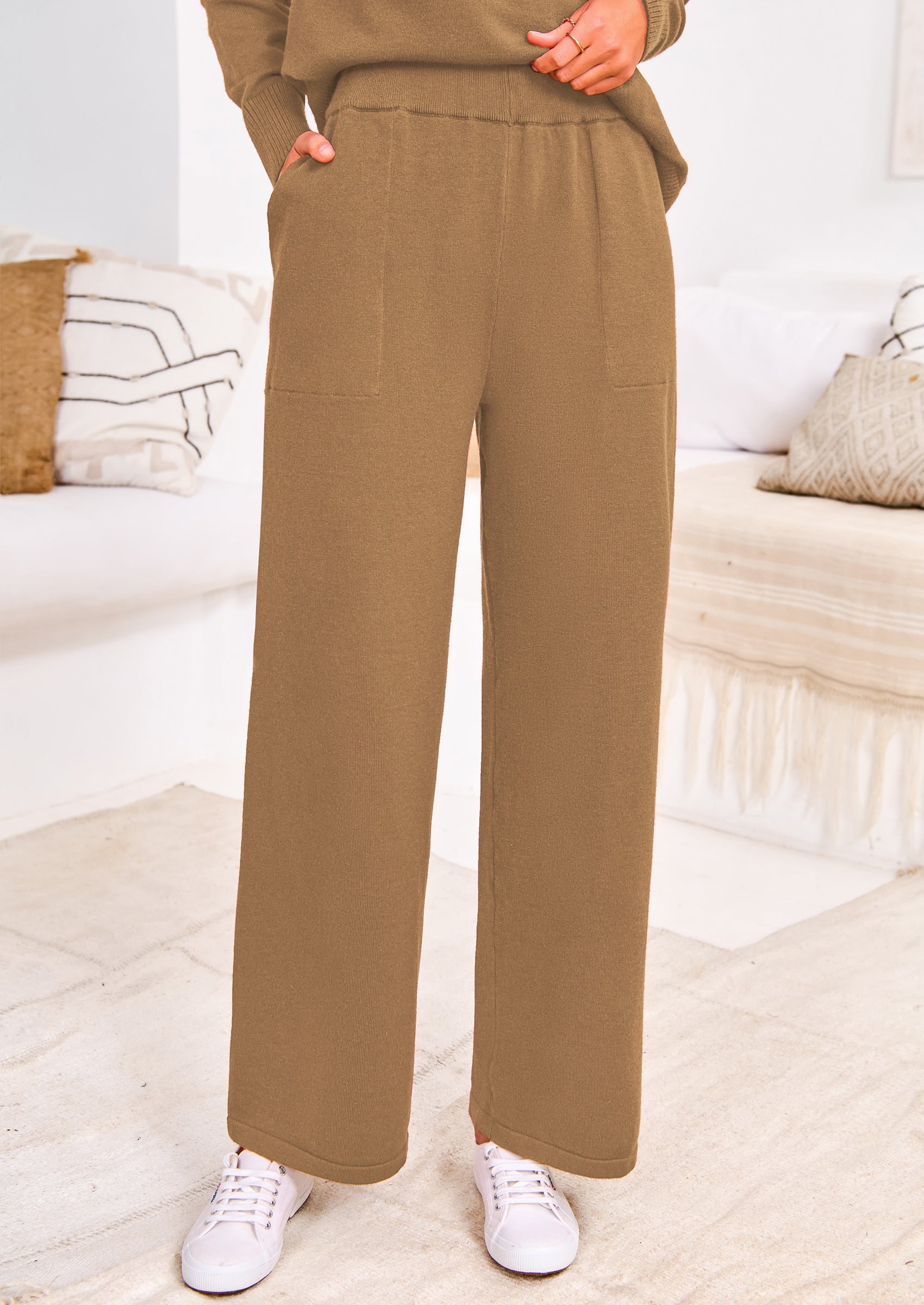 Chichi Two Piece Matching Sweater Lounge Sets Knit Long Sleeve Pullover Tops Wide Leg Pants Beige