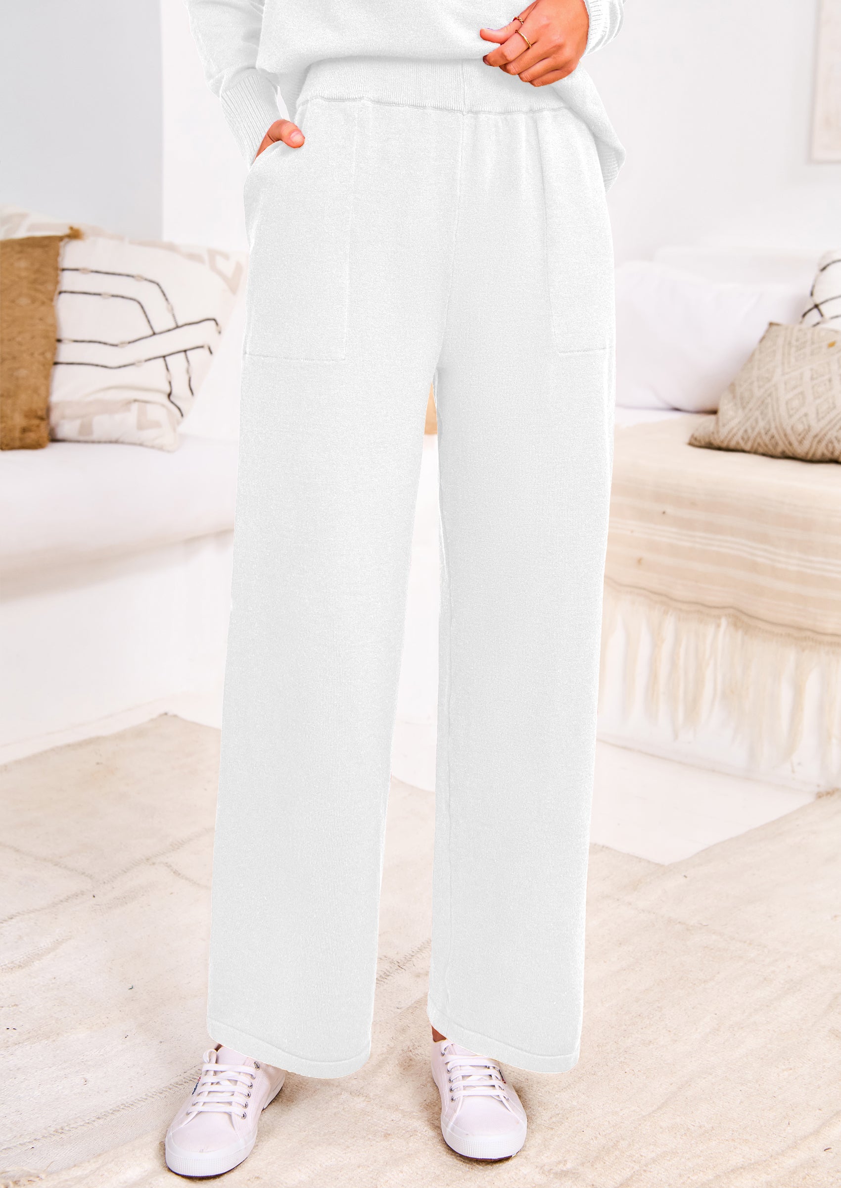 Chichi Two Piece Matching Sweater Lounge Sets Knit Long Sleeve Pullover Tops Wide Leg Pants White