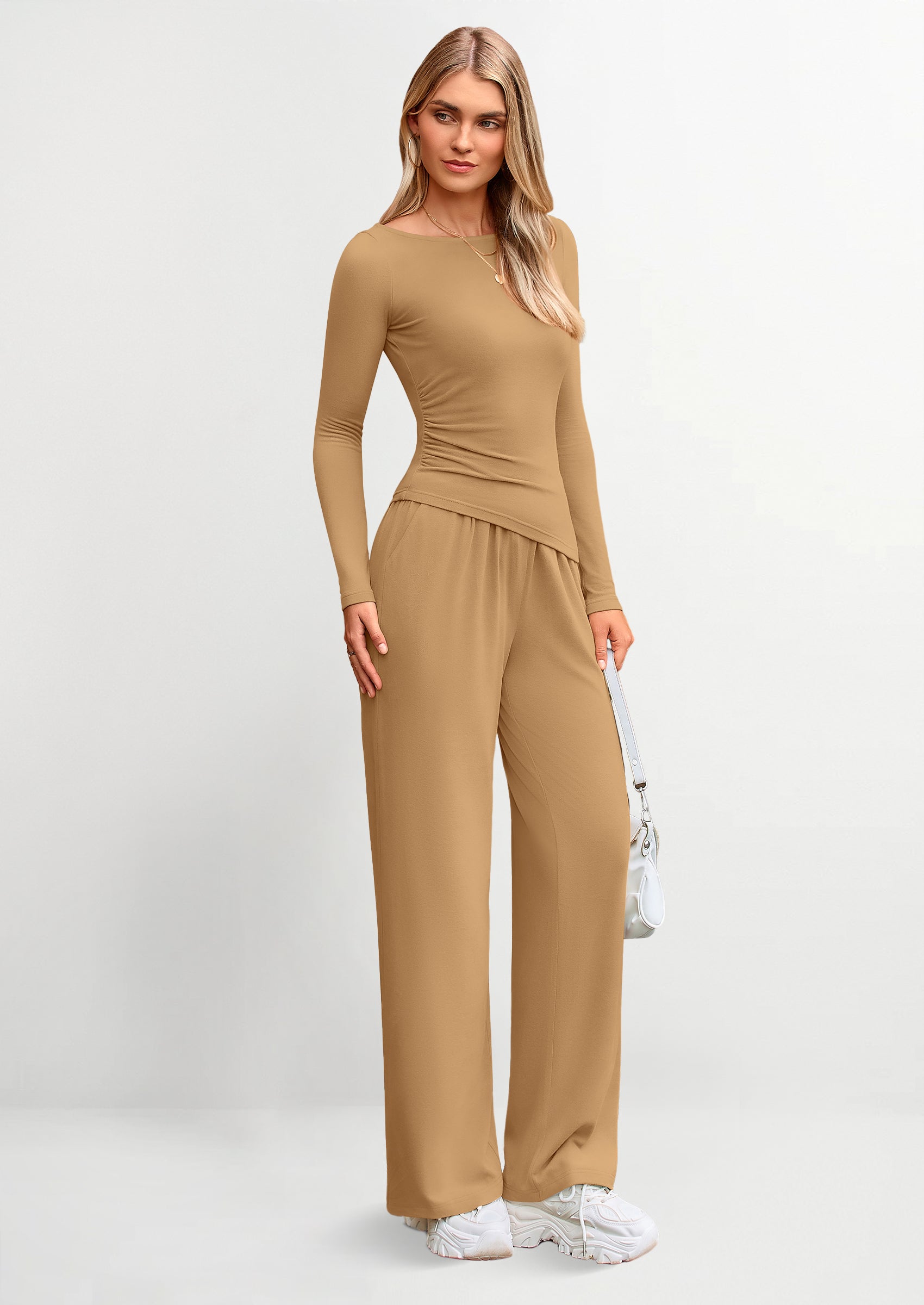 Chichi Women's 2 Piece Lounge Sets Asymmetrical Long Sleeve T Shirt Wide Leg Pants Casual Outfits Tracksuit Khaki
