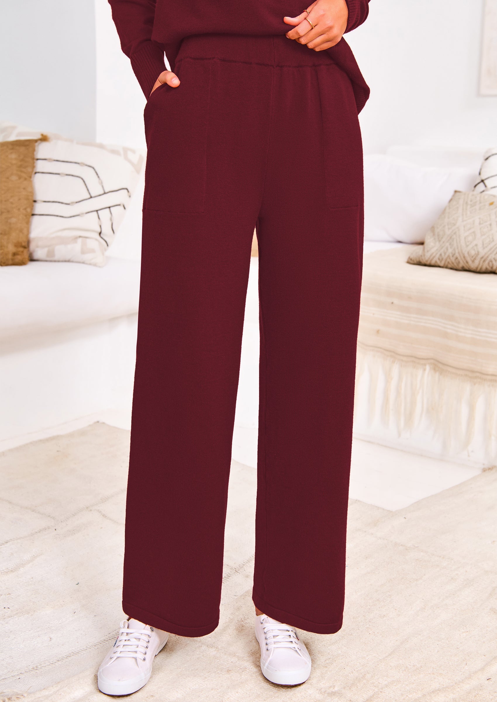 Chichi Two Piece Matching Sweater Lounge Sets Knit Long Sleeve Pullover Tops Wide Leg Pants Wine Red