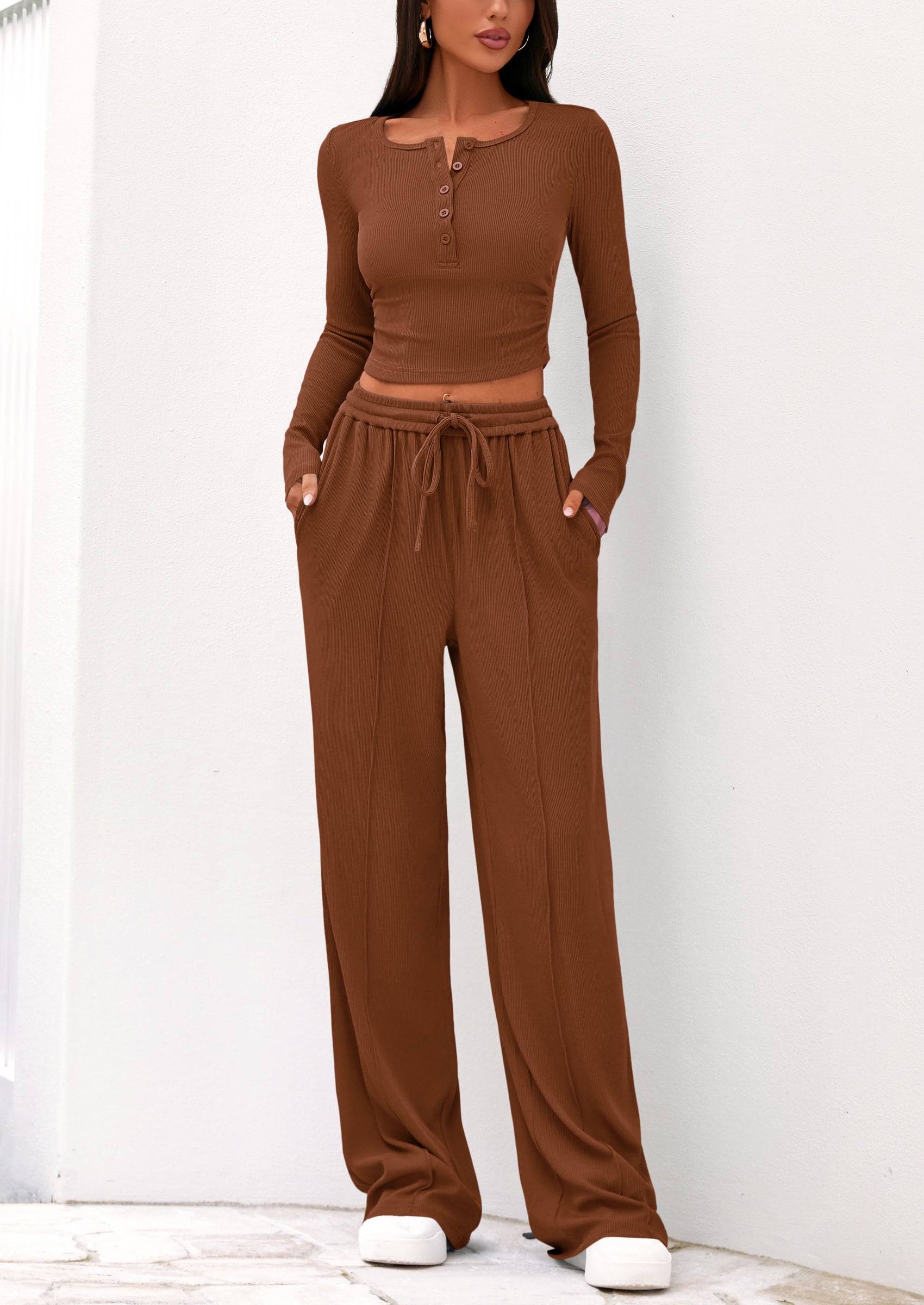 Chichi Women's Fall Trendy 2 Piece Outfits Lounge Sets Long Sleeve Top Henley Shirts Wide Leg Pants Travel Clothes Brown