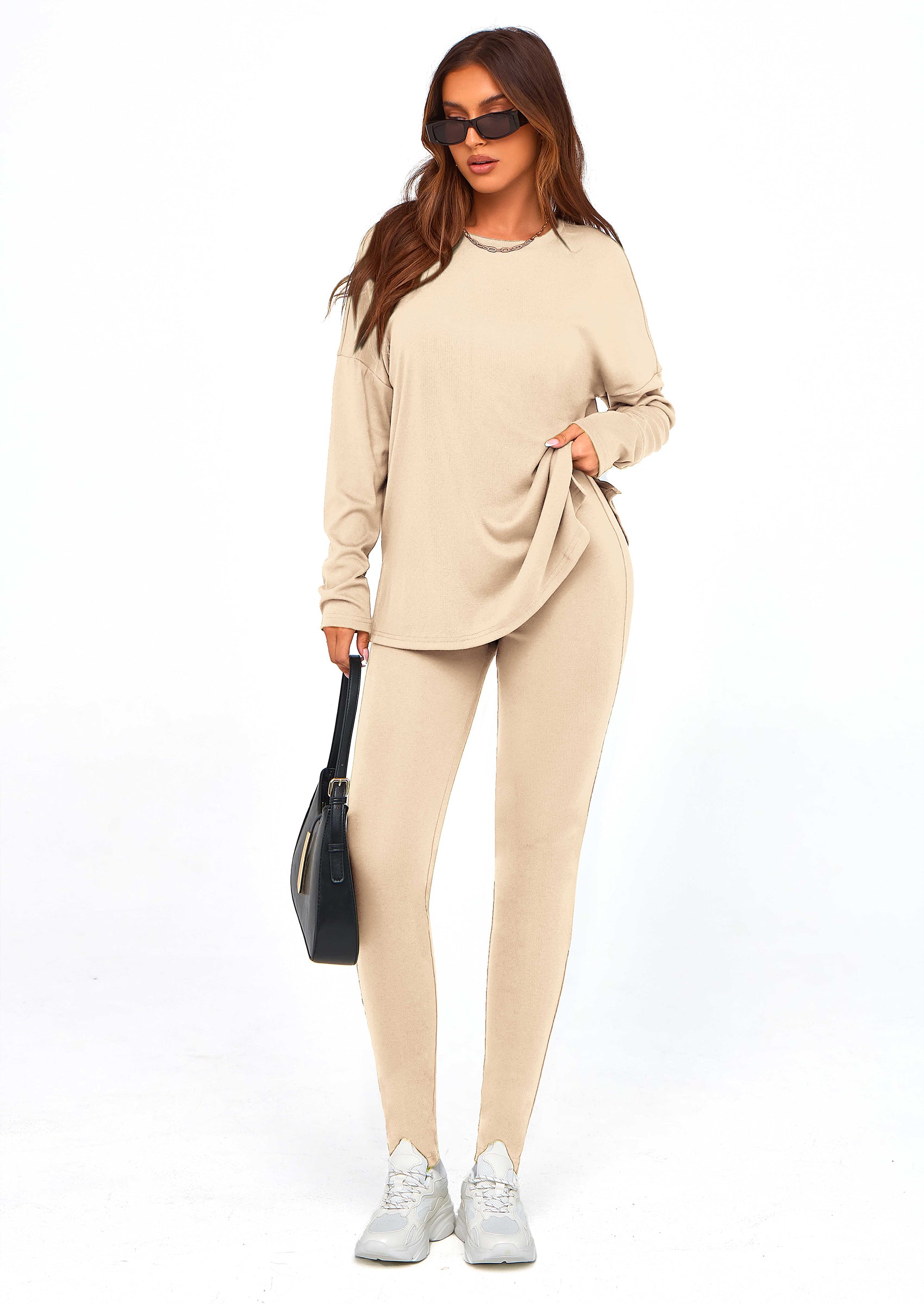 Chichi 2 Piece Outfits Casual Long Sleeve Tunic Tops Legging Pants Lounge Sets Sweatsuits Beige