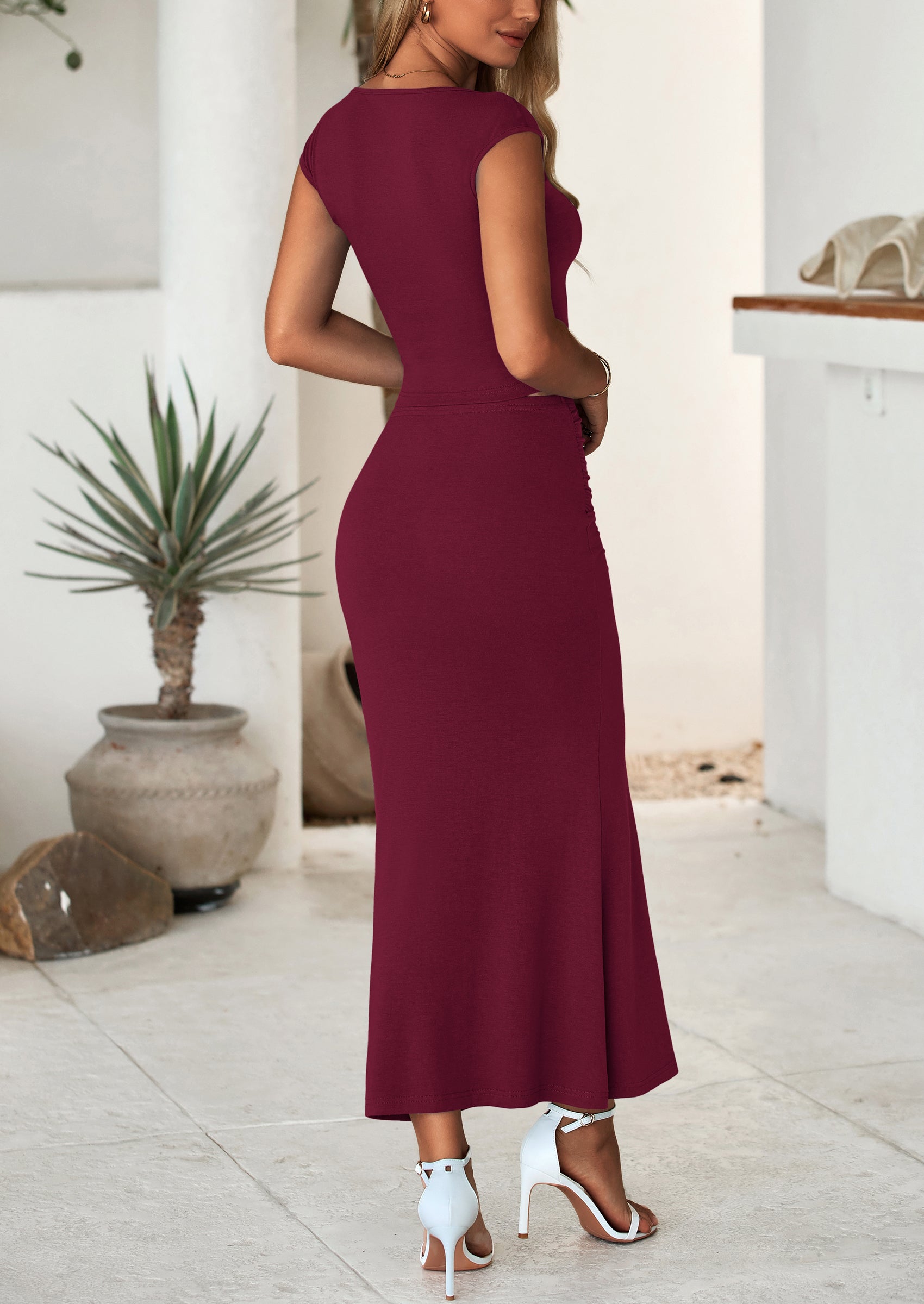 Chichi Summer 2 Piece Sets for Women Going Out Casual Cap Sleeve Crop Tops Ruched Maxi Long Skirts Spring Outfits Wine Red