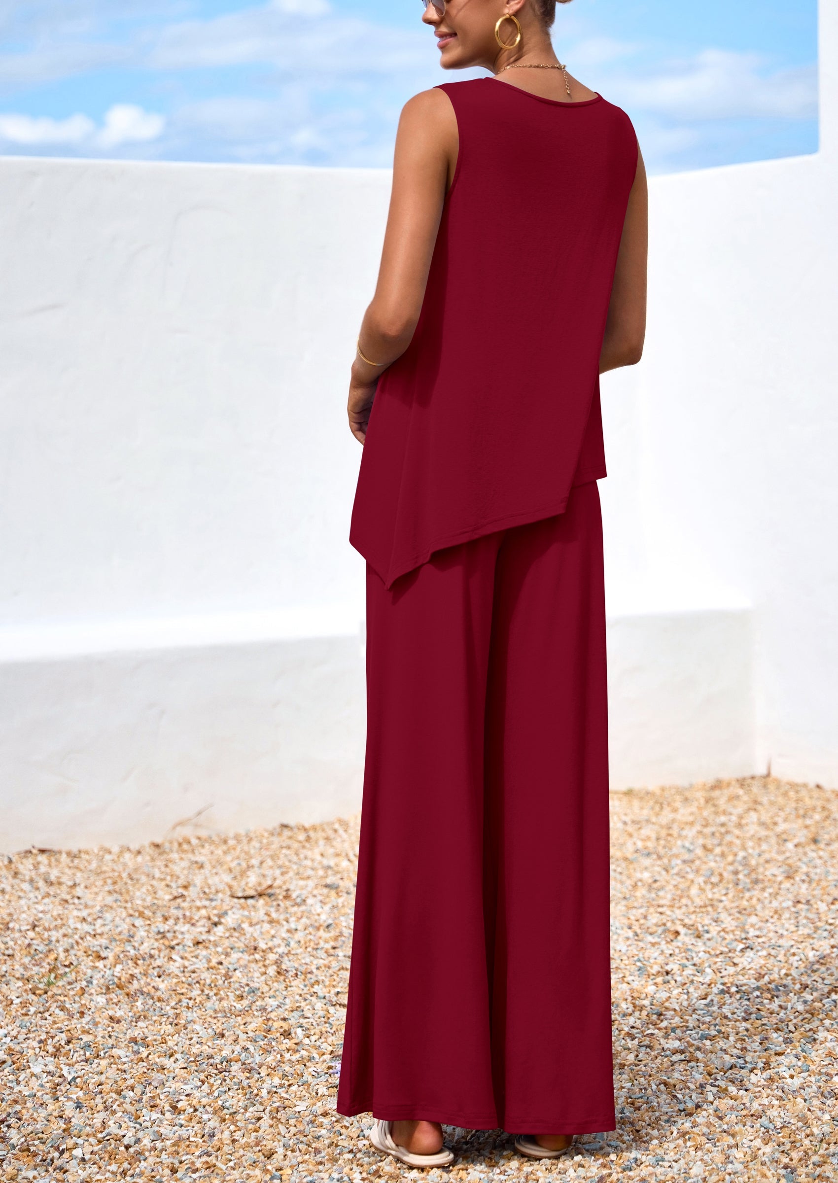 Chichi Women's Two Piece Matching Lounge Sets Asymmetrical Split Tank Tops Wide Leg Pants Summer Outfits Tracksuit Wine Red