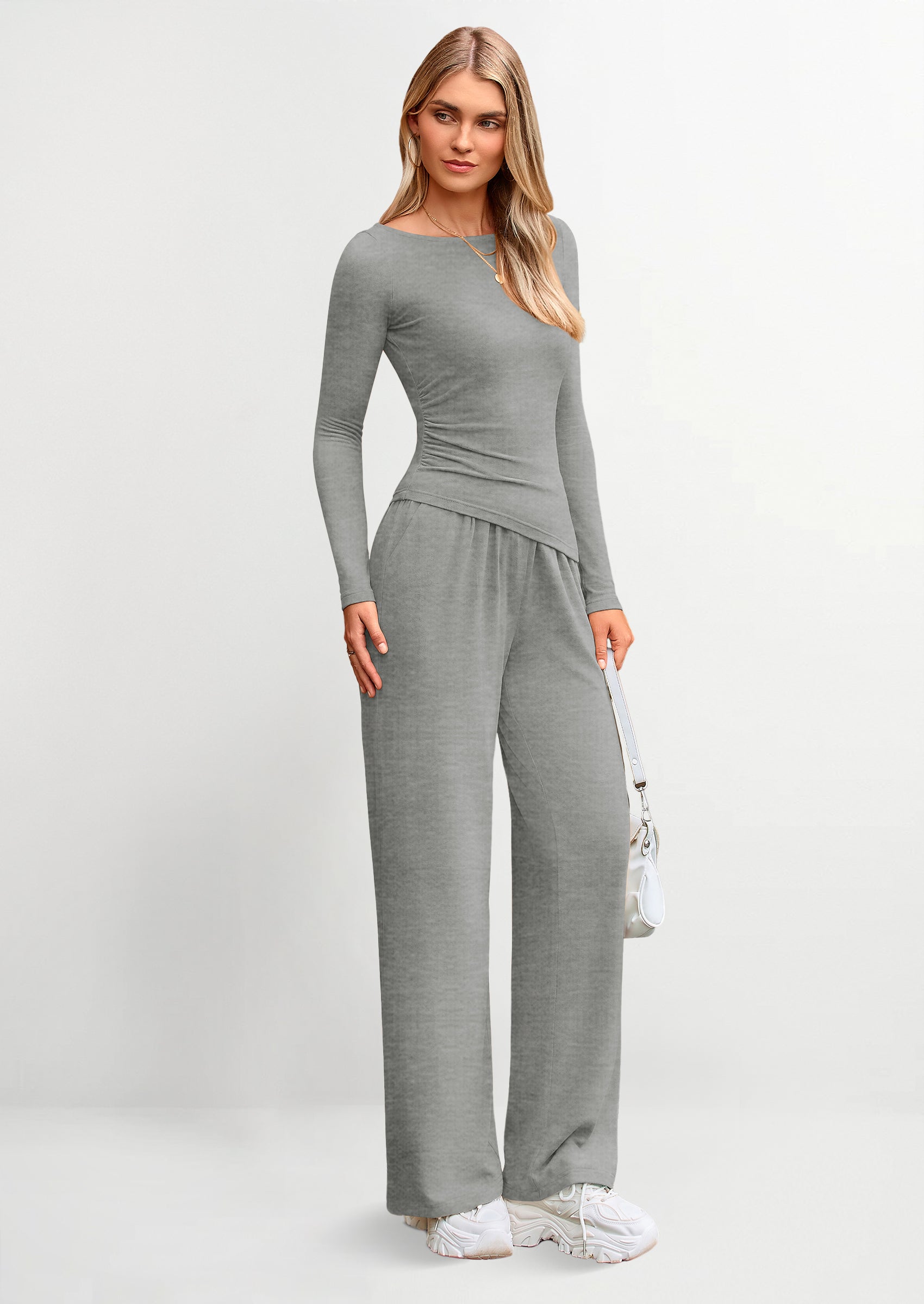 Chichi Women's 2 Piece Lounge Sets Asymmetrical Long Sleeve T Shirt Wide Leg Pants Casual Outfits Tracksuit Grey