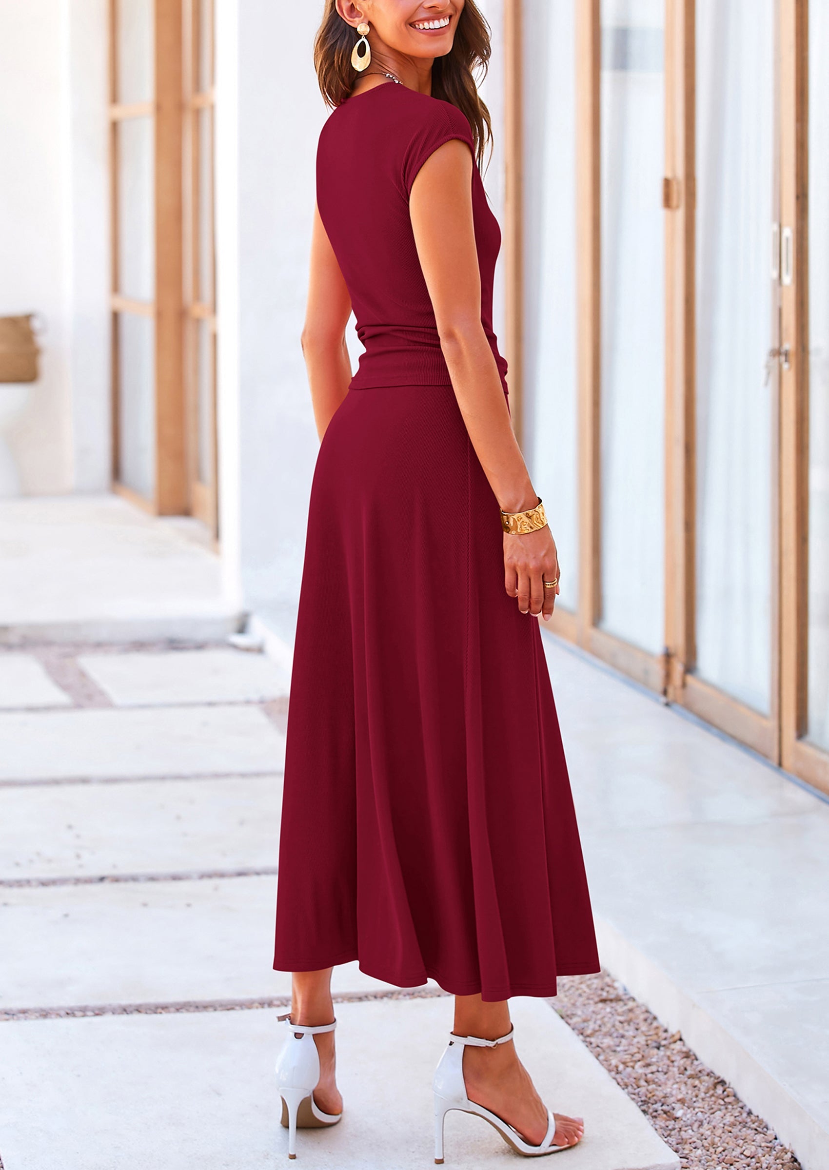 Chichi Summer Two Piece Skirt Set for Women Dressy Casual Knit Matching Travel Spring Vacation Lounge Outfits Wine Red