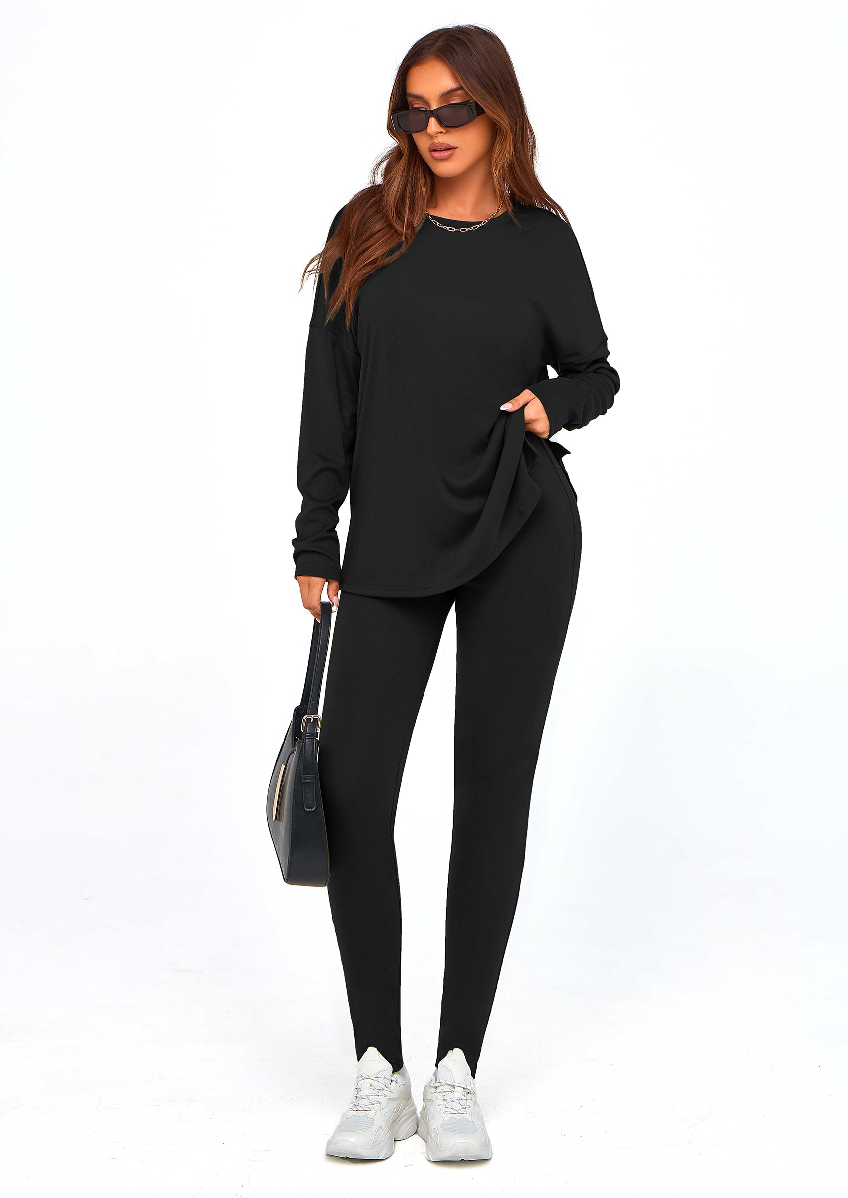 Chichi 2 Piece Outfits Casual Long Sleeve Tunic Tops Legging Pants Lounge Sets Sweatsuits Black