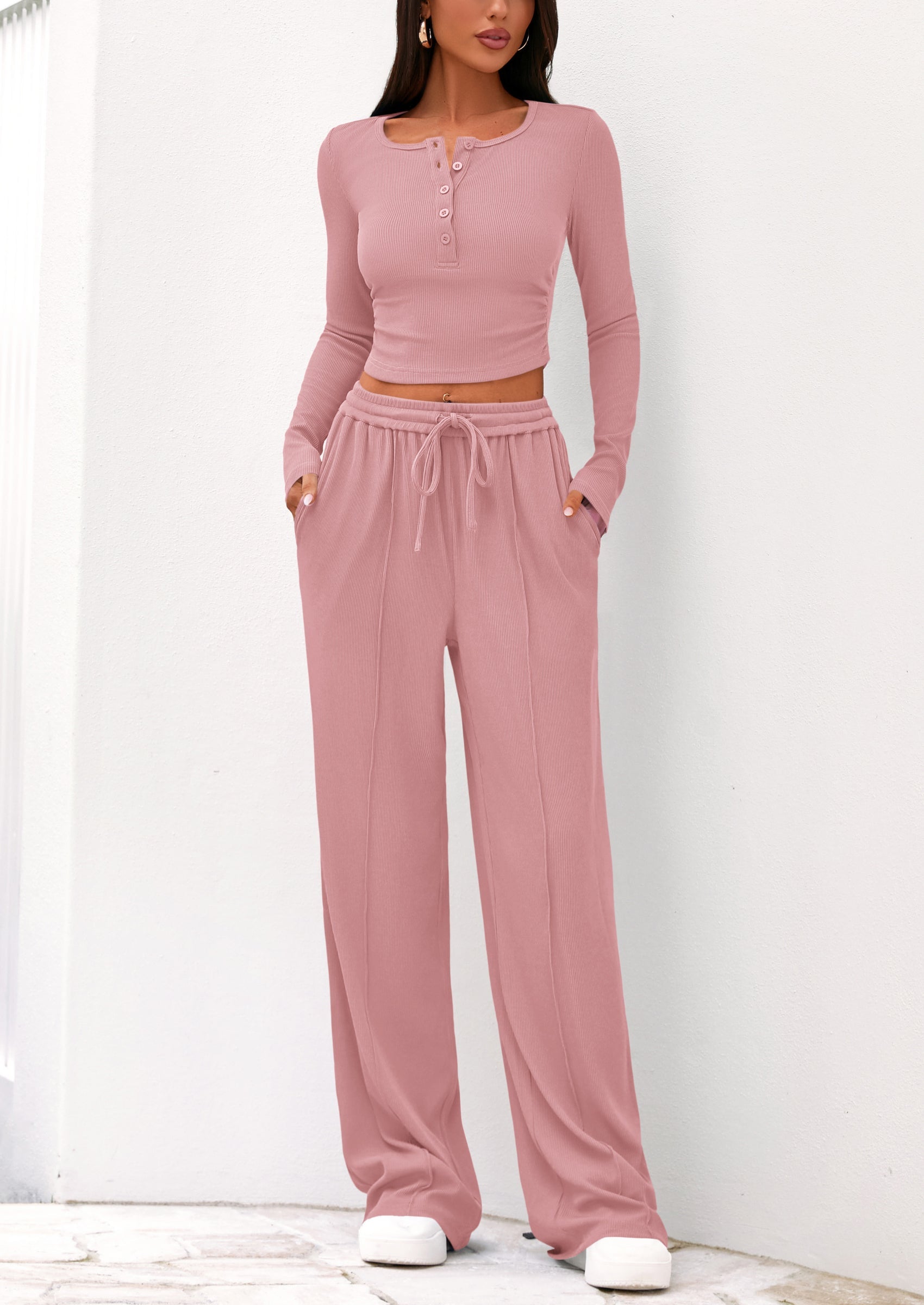 Chichi Women's Fall Trendy 2 Piece Outfits Lounge Sets Long Sleeve Top Henley Shirts Wide Leg Pants Travel Clothes Pink