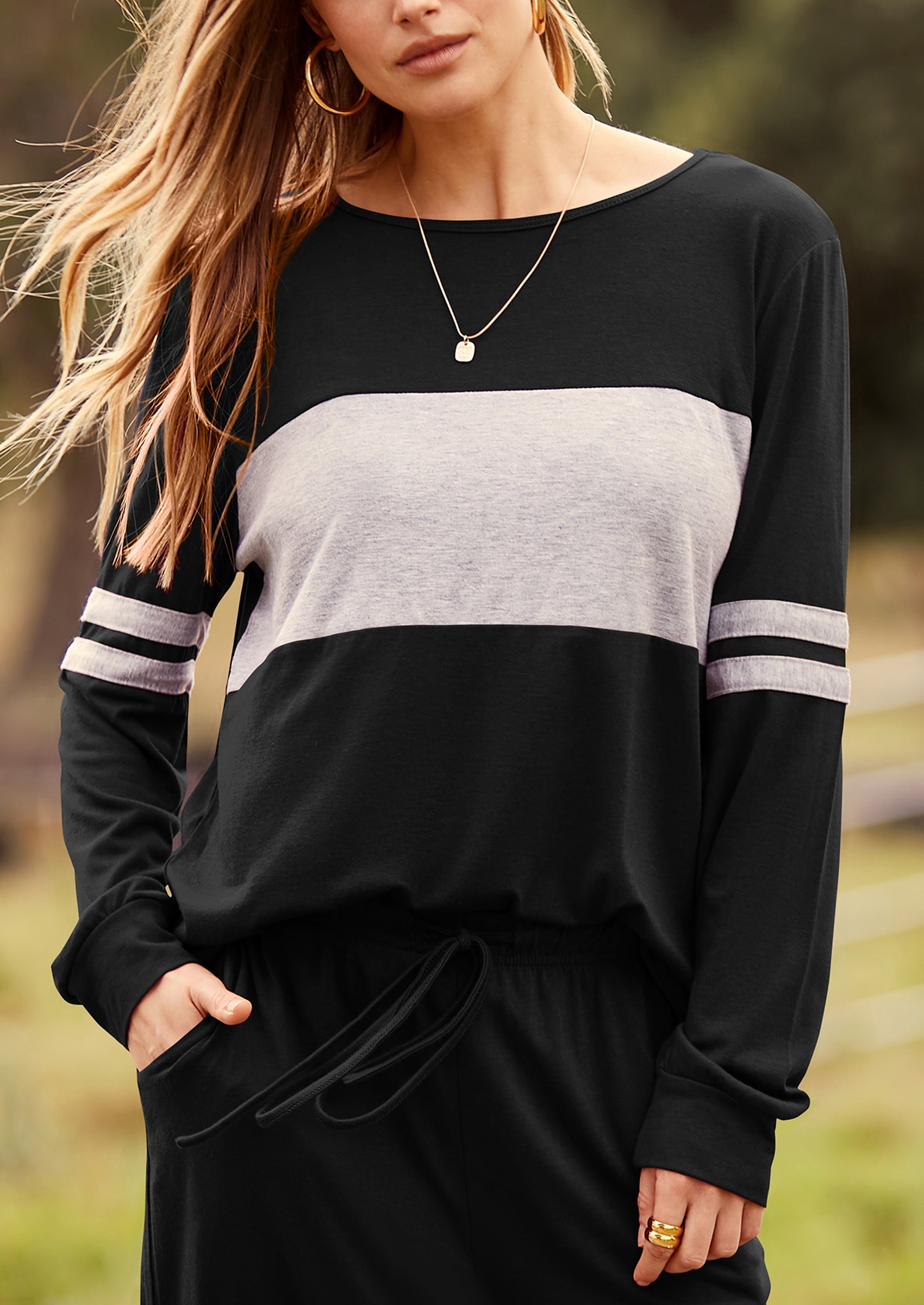 Chichi Women's Color Block 2 Piece Spring Tracksuit Crewneck Long Sleeve Tops Long Sweatpants Outfits Lounge Sets Black