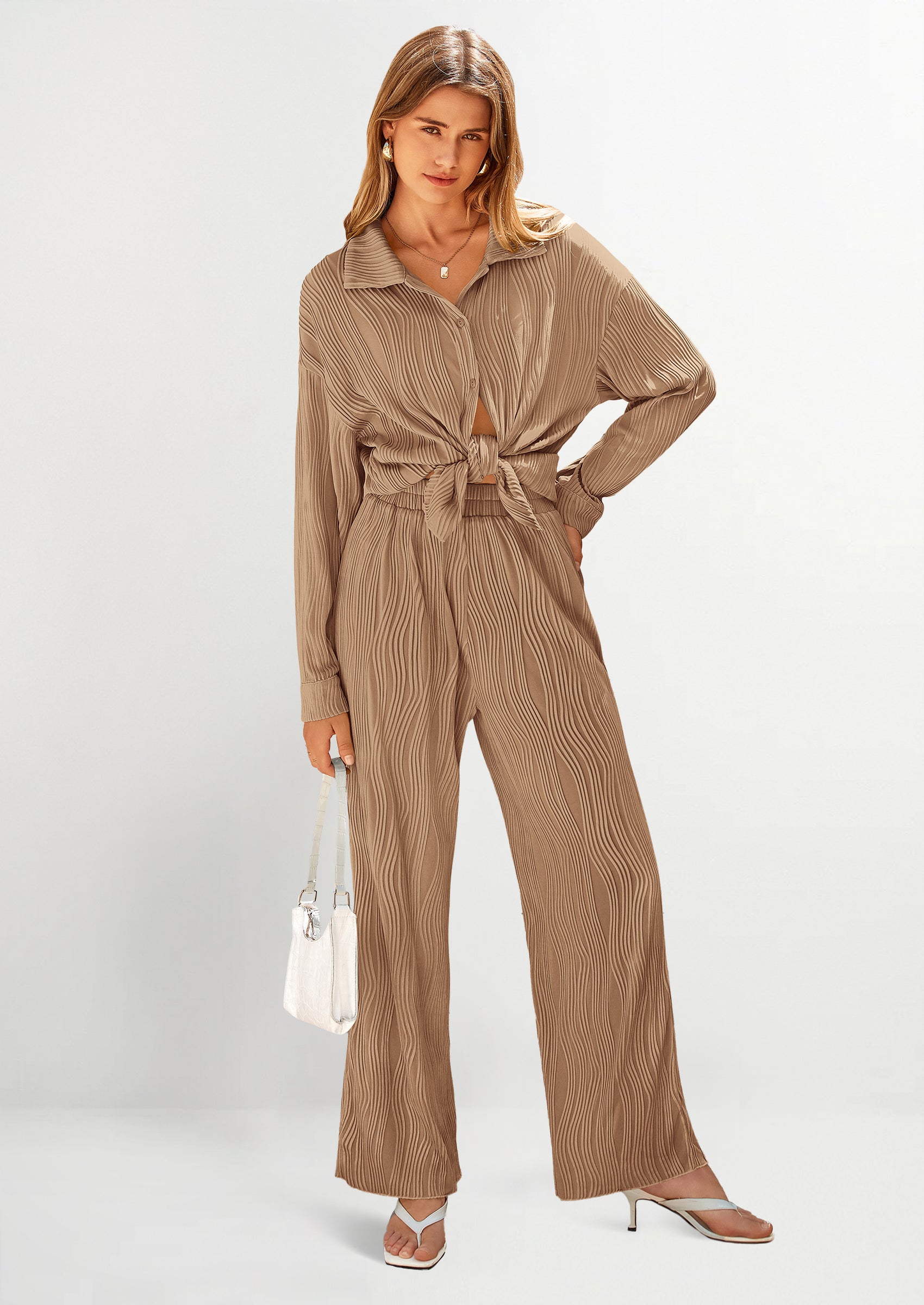 Chichi 2 Piece Textured Sets Casual Button Down Shirt Wide Leg Pants Outfit Loungewear Tracksuit Khaki