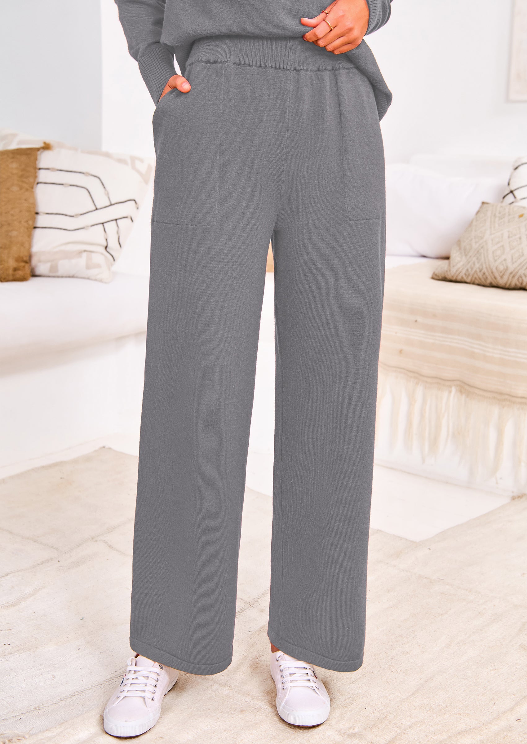 Chichi Two Piece Matching Sweater Lounge Sets Knit Long Sleeve Pullover Tops Wide Leg Pants Grey