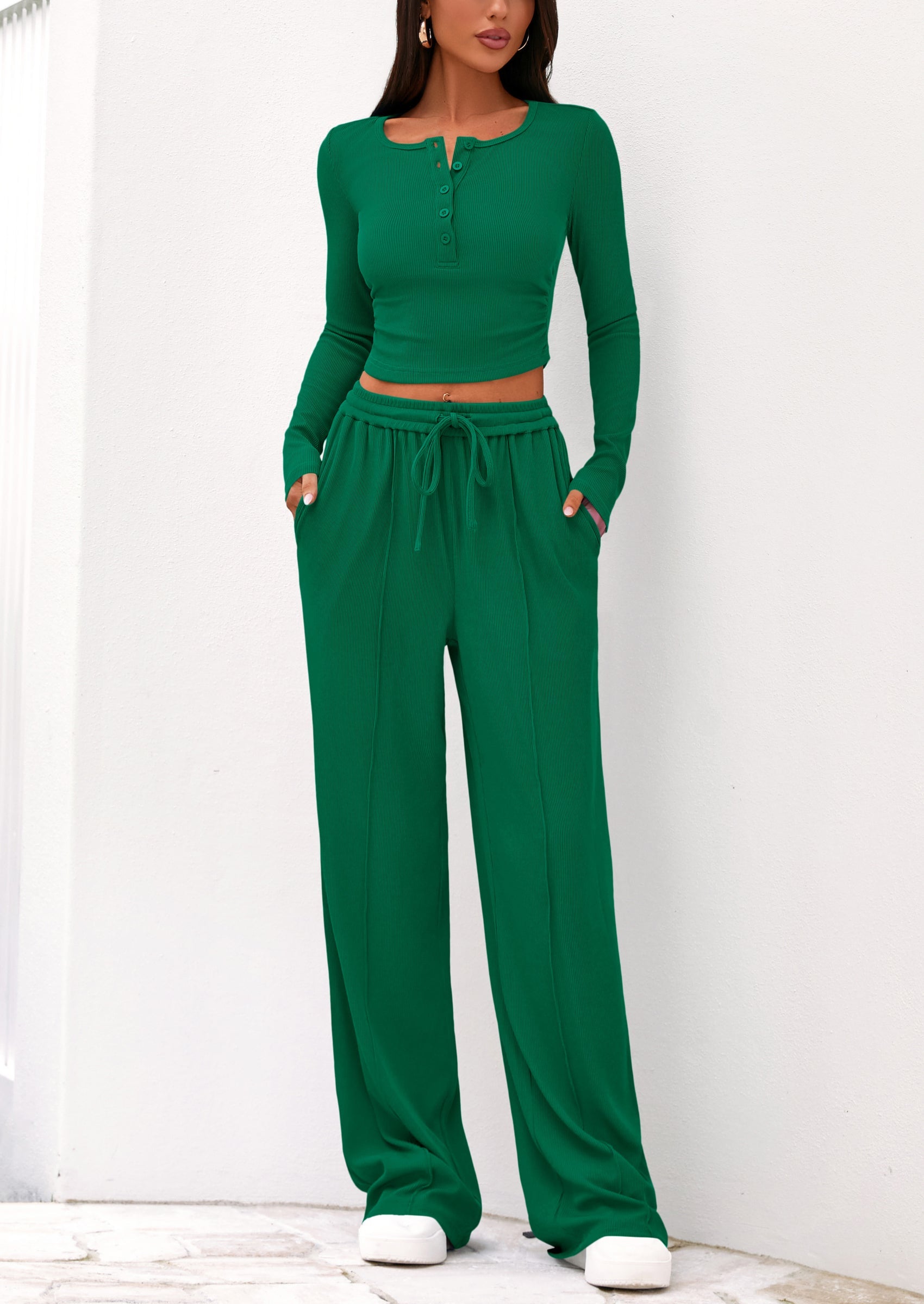 Chichi Women's Fall Trendy 2 Piece Outfits Lounge Sets Long Sleeve Top Henley Shirts Wide Leg Pants Travel Clothes Green