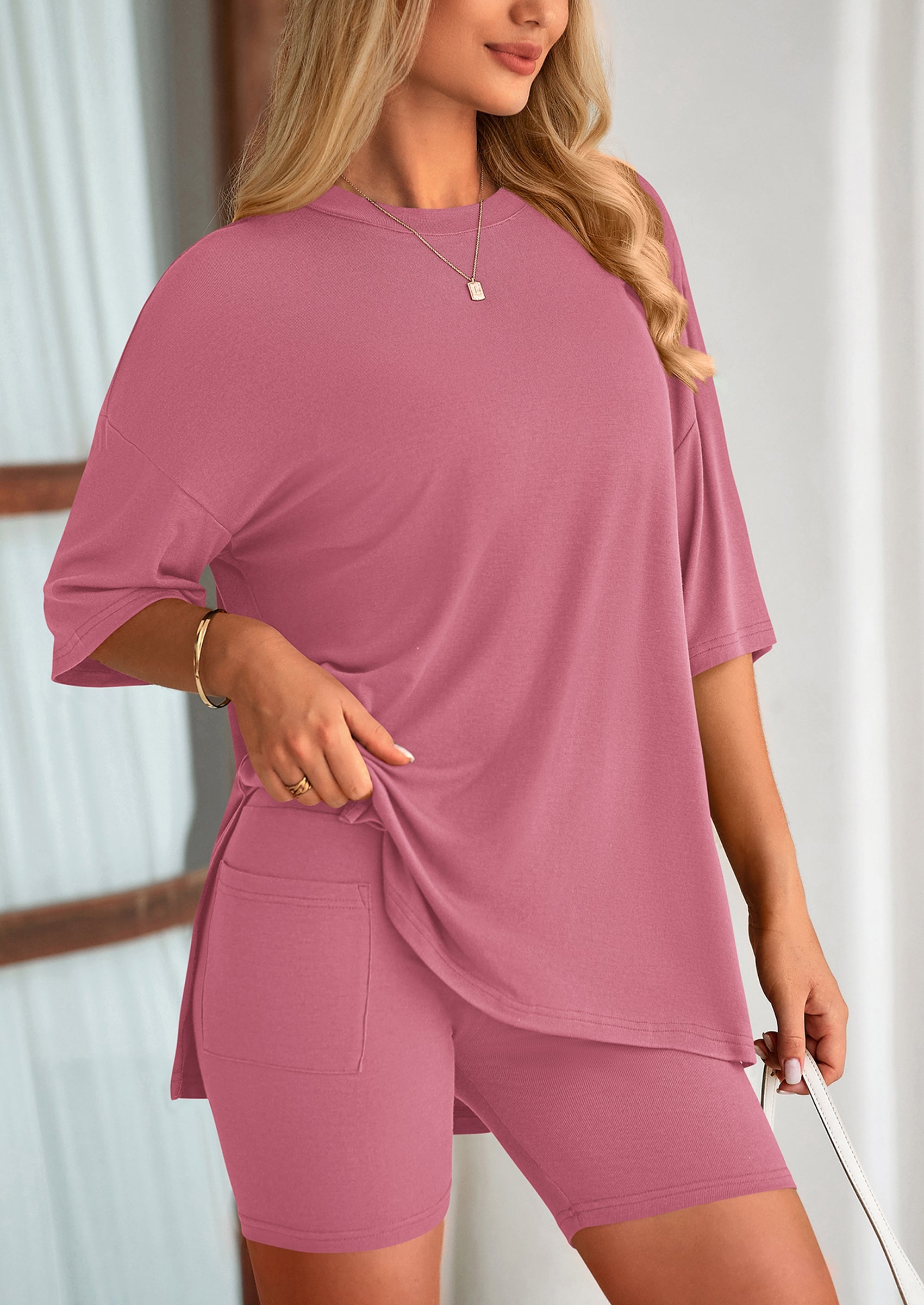 Chichi Women's Two Piece Lounge Set Summer Casual Oversized Shirts Biker Shorts Matching Airport Travel Outfit Rose Red