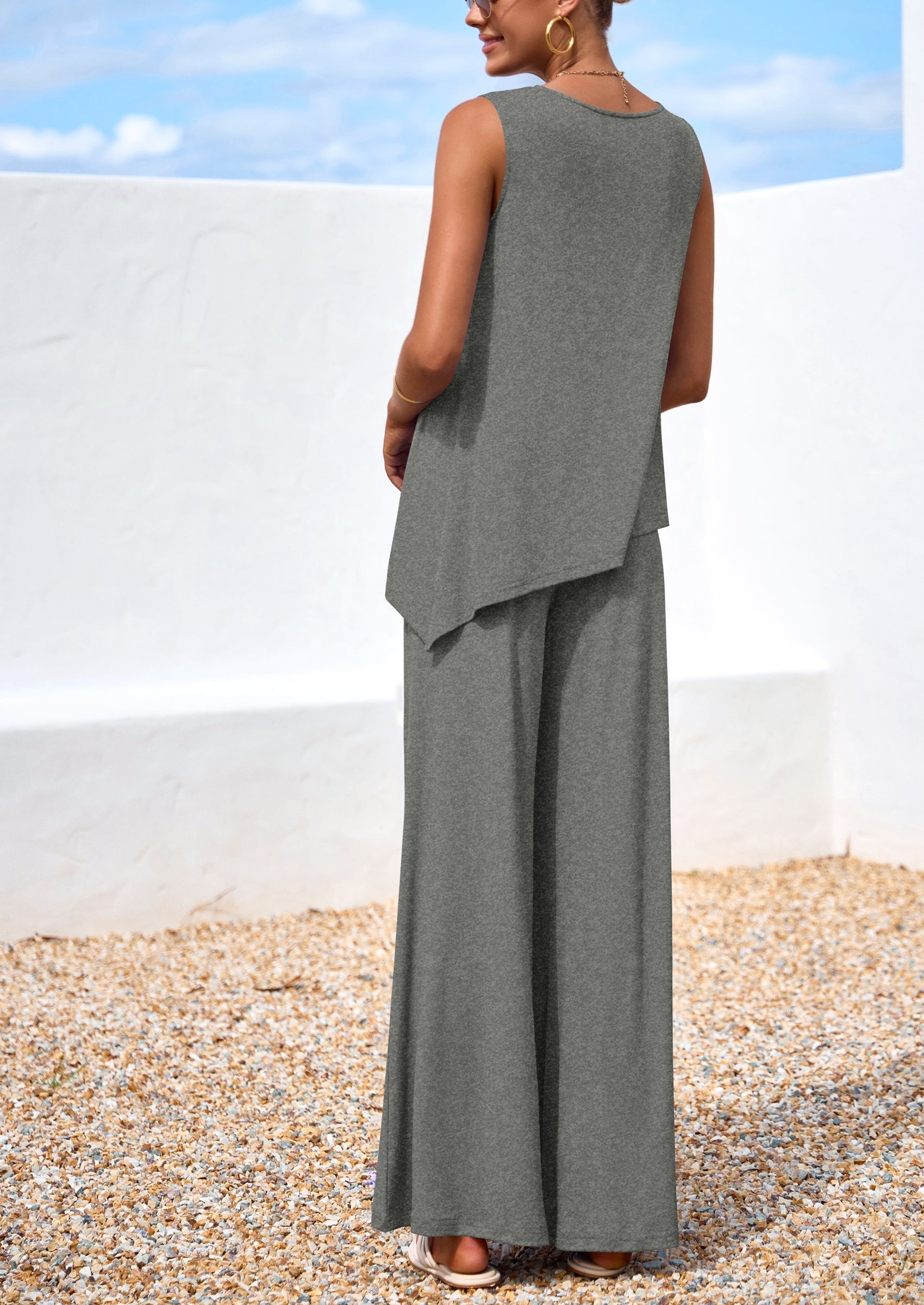 Chichi Women's Two Piece Matching Lounge Sets Asymmetrical Split Tank Tops Wide Leg Pants Summer Outfits Tracksuit Grey