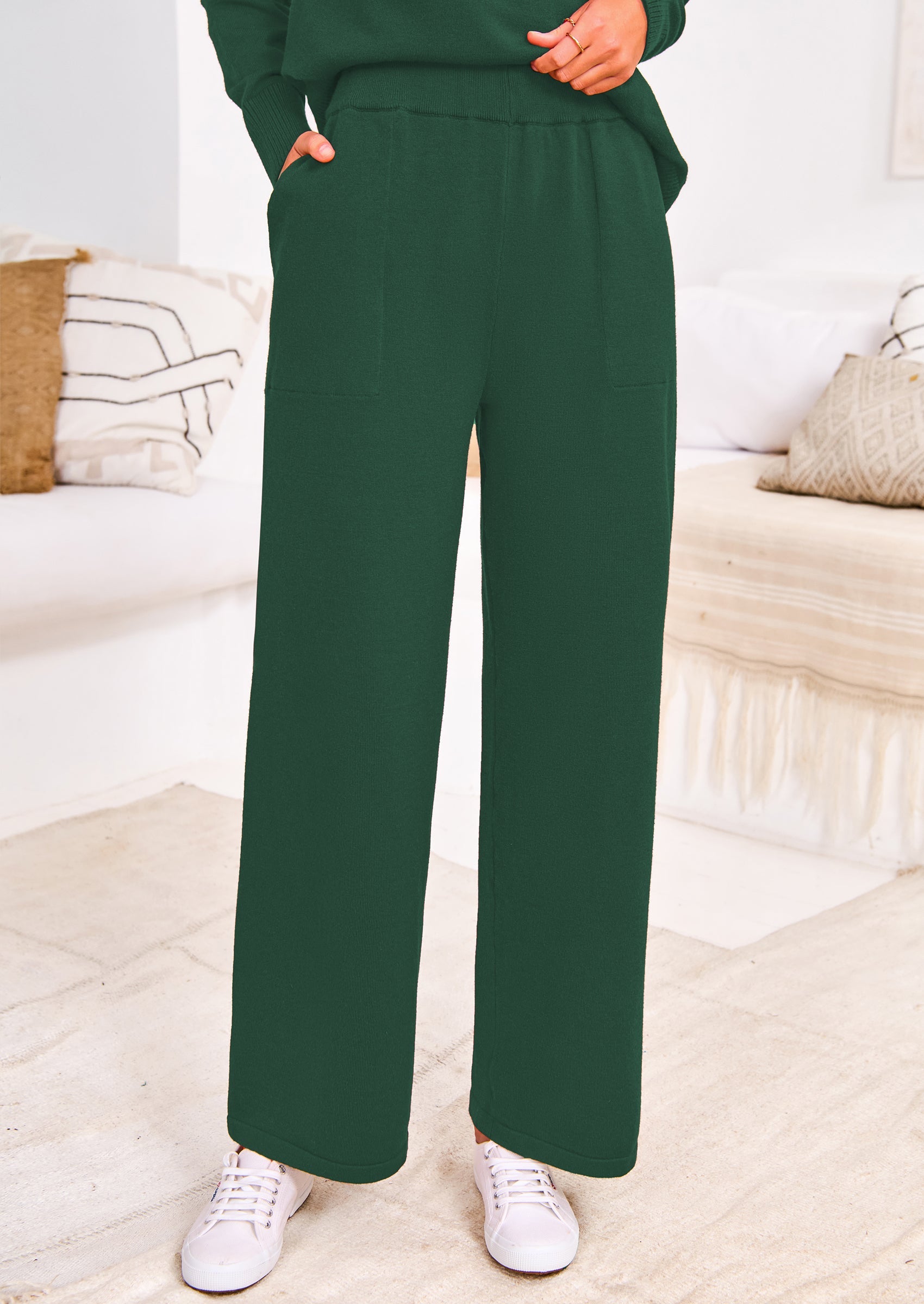 Chichi Two Piece Matching Sweater Lounge Sets Knit Long Sleeve Pullover Tops Wide Leg Pants Dark Green