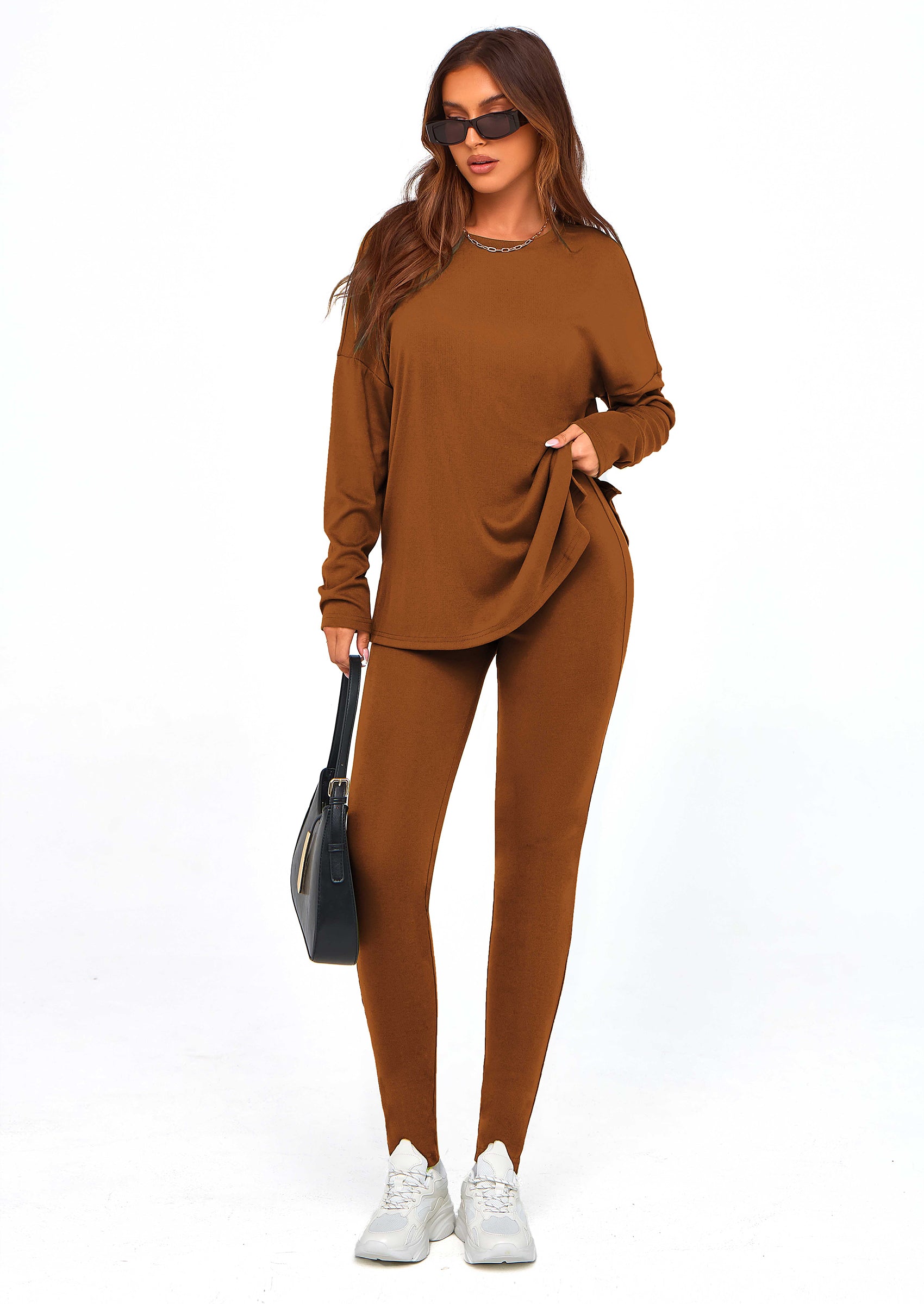 Chichi 2 Piece Outfits Casual Long Sleeve Tunic Tops Legging Pants Lounge Sets Sweatsuits Caramel