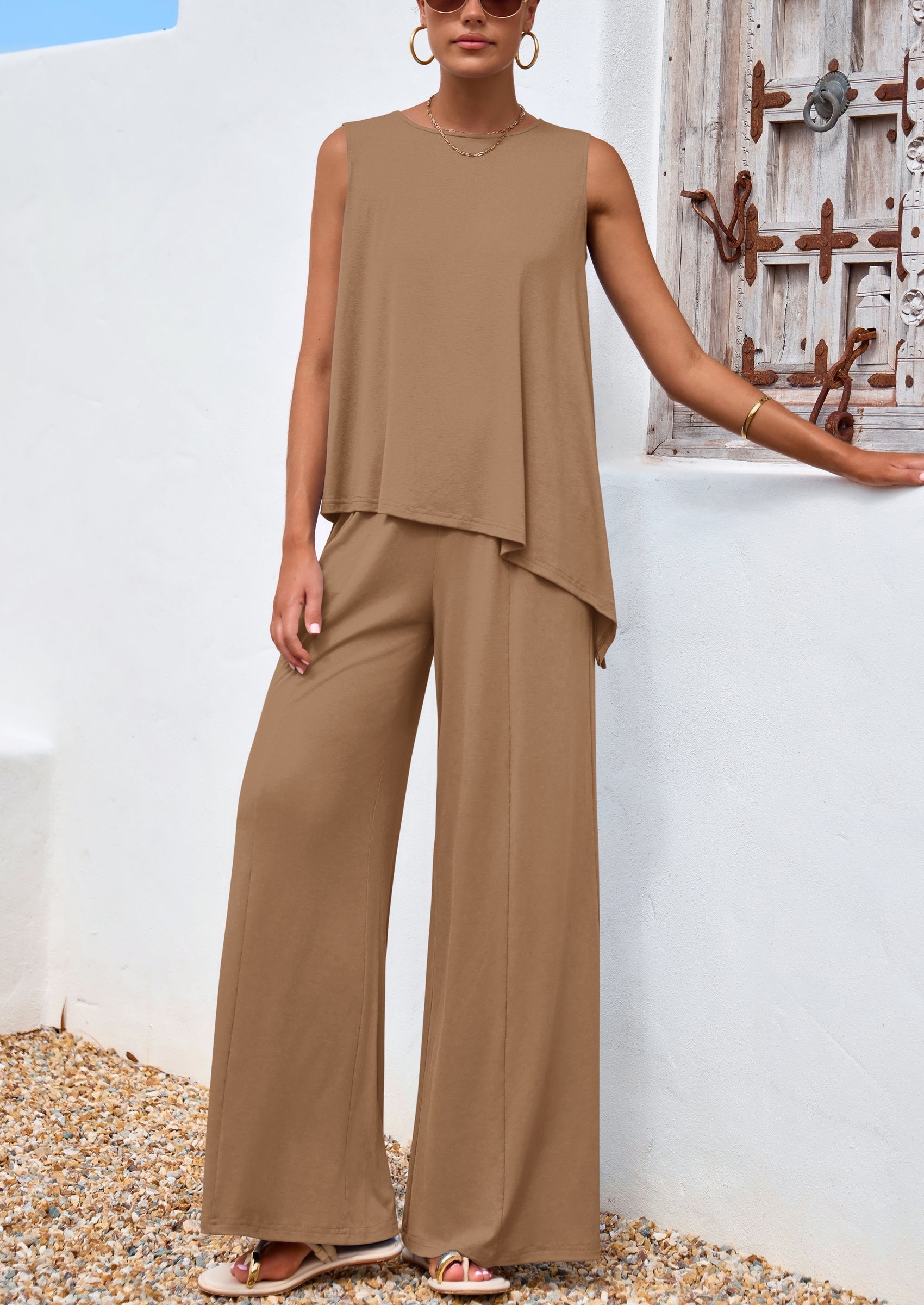 Chichi Women's Two Piece Matching Lounge Sets Asymmetrical Split Tank Tops Wide Leg Pants Summer Outfits Tracksuit Khaki