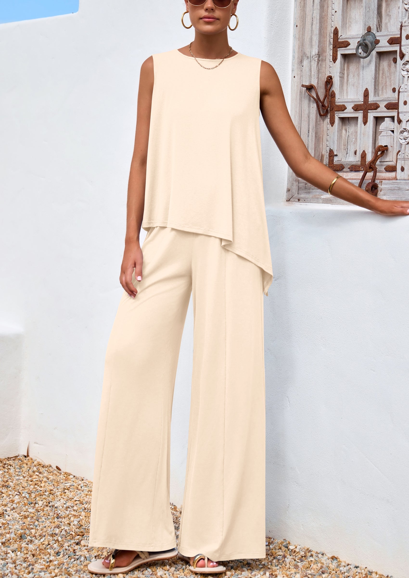 Chichi Women's Two Piece Matching Lounge Sets Asymmetrical Split Tank Tops Wide Leg Pants Summer Outfits Tracksuit Beige