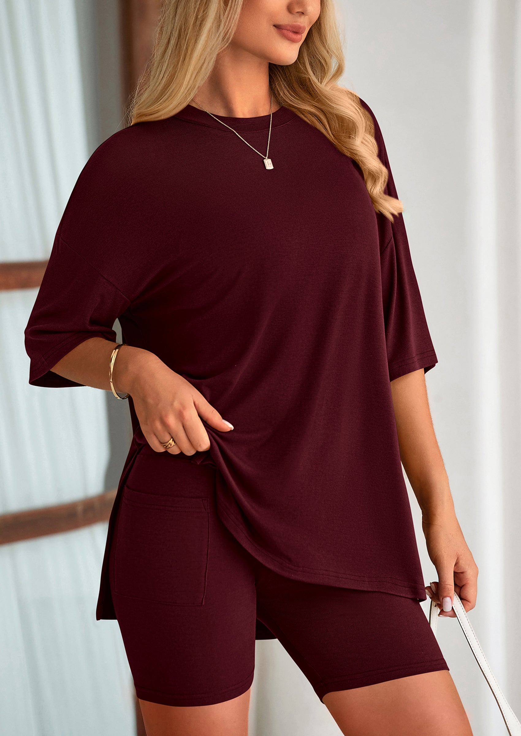 Chichi Women's Two Piece Lounge Set Summer Casual Oversized Shirts Biker Shorts Matching Airport Travel Outfit Wine Red