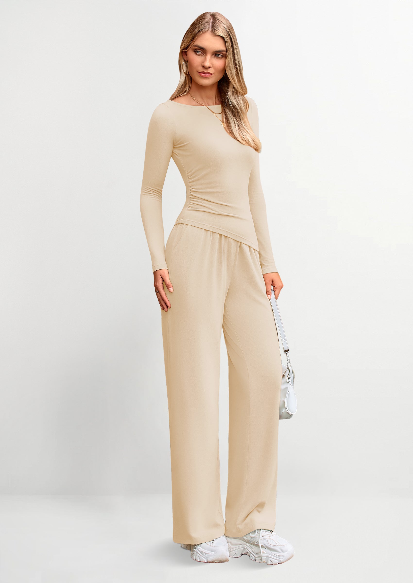 Chichi Women's 2 Piece Lounge Sets Asymmetrical Long Sleeve T Shirt Wide Leg Pants Casual Outfits Tracksuit Beige