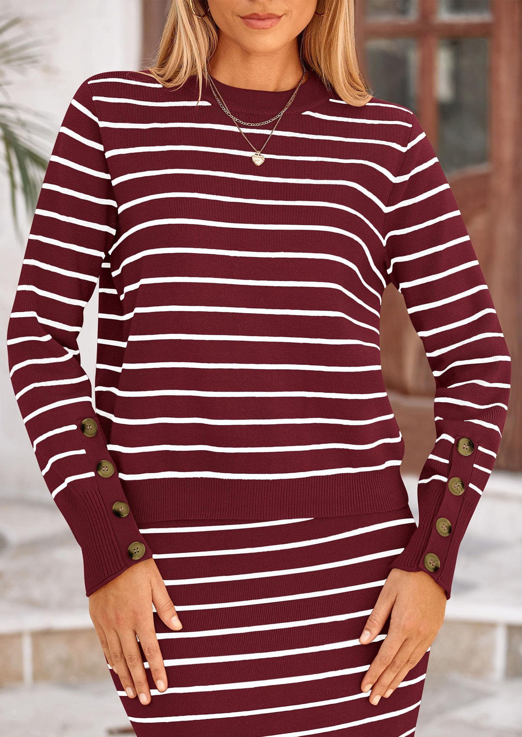 Chichi 2 Piece Skirts Sets For Women Fall Fashion Striped Sweater Dress Knit Lounge Travel Outfits Winter Clothing Wine Red White Stripe