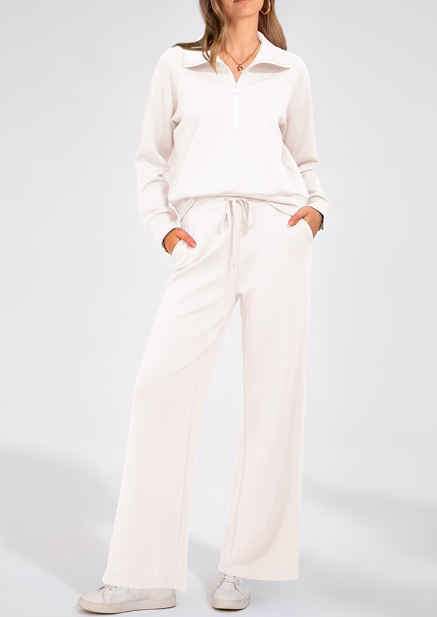 Chichi Women's 2 Piece Outfits Casual Lapel Half Zip Sweatshirts And Wide Leg Pants Tracksuit Sets White