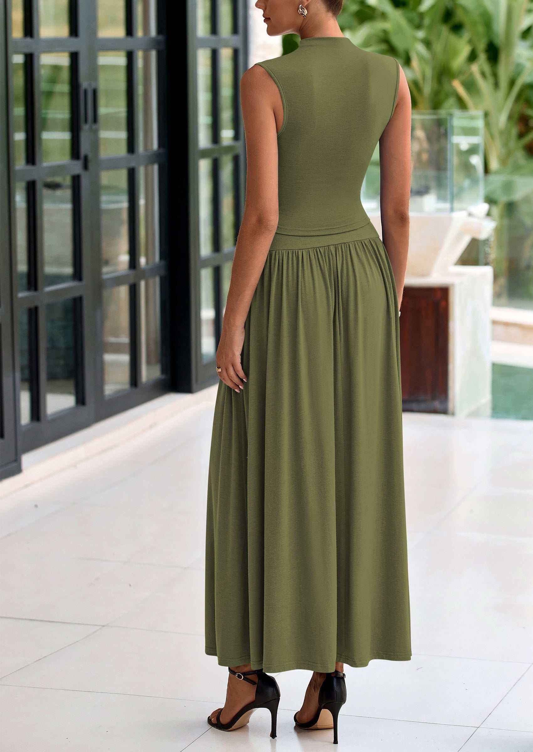 Chichi Womens Skirt Sets Summer Ruched Tank Tops Ruffle Maxi Skirts Wedding Guest Matching 2 Piece Outfits Army Green