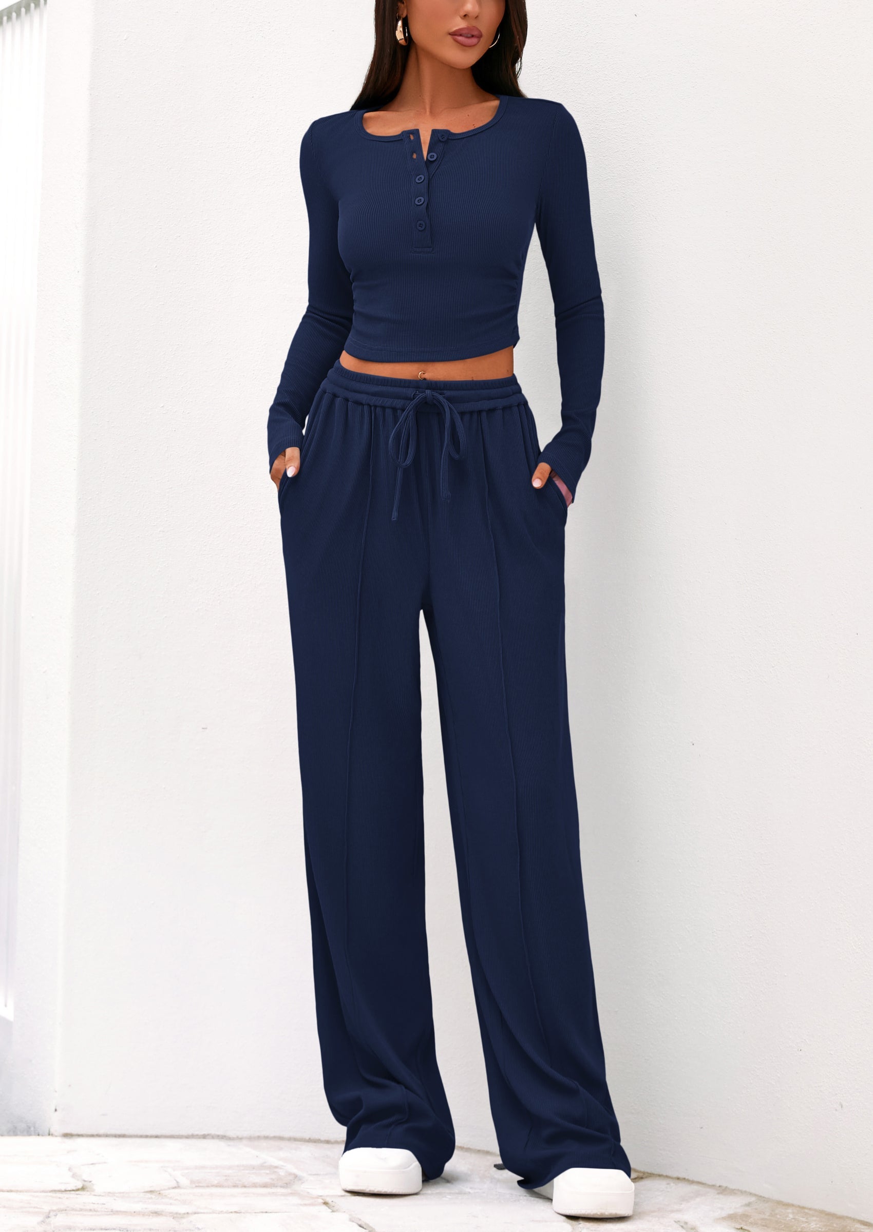 Chichi Women's Fall Trendy 2 Piece Outfits Lounge Sets Long Sleeve Top Henley Shirts Wide Leg Pants Travel Clothes Navy Blue