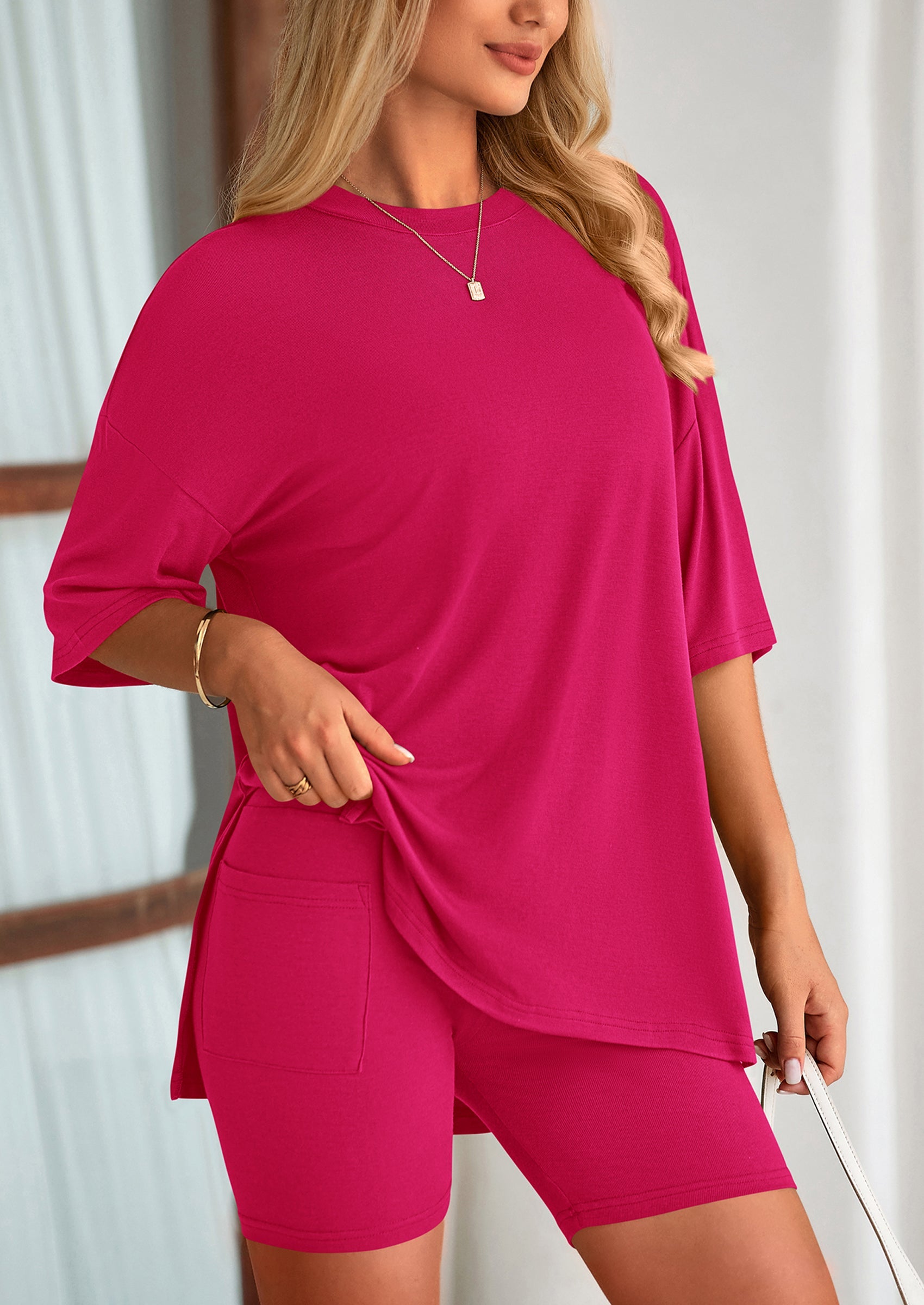 Chichi Women's Two Piece Lounge Set Summer Casual Oversized Shirts Biker Shorts Matching Airport Travel Outfit Pink