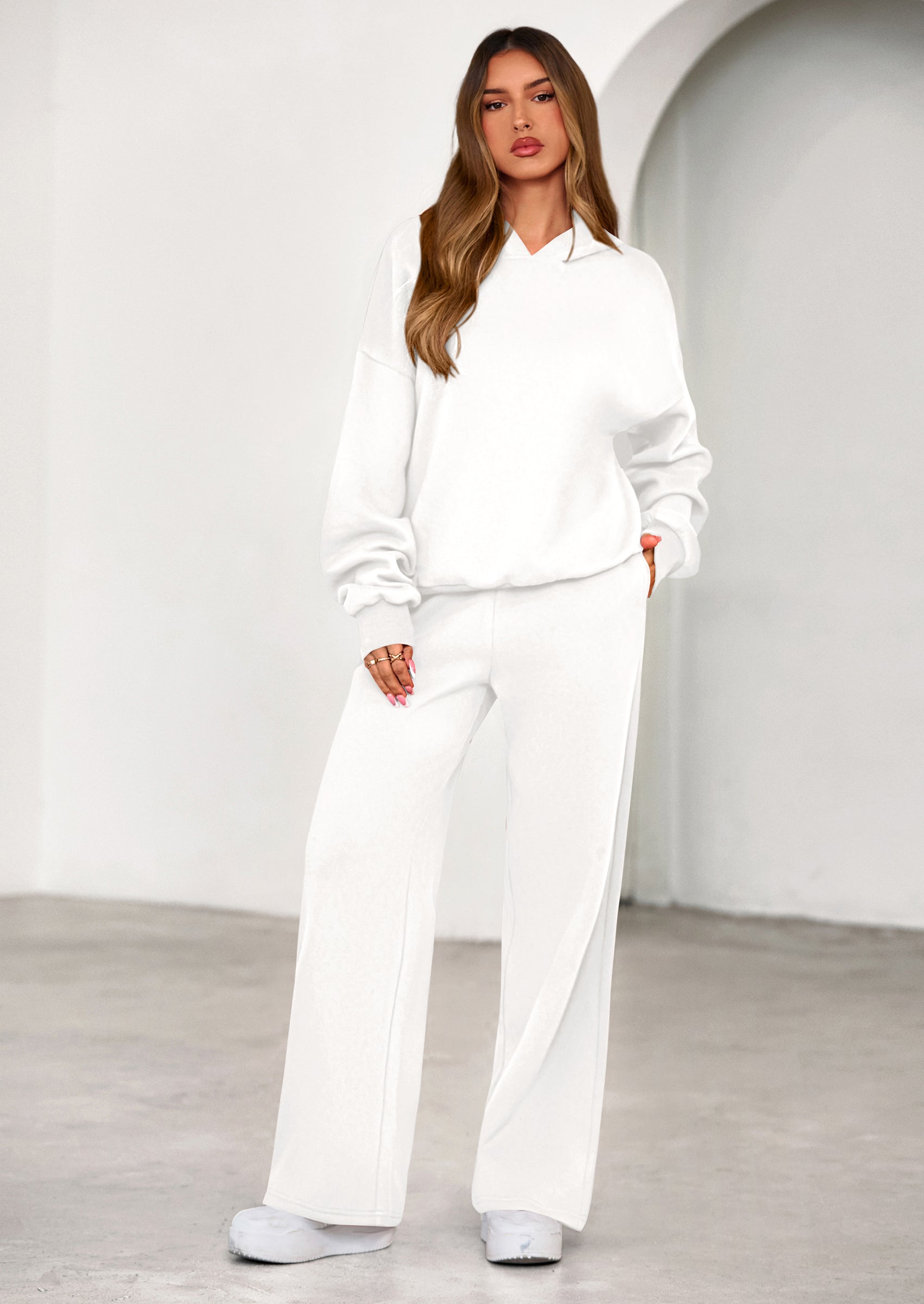 Chichi Womens Sweatsuits 2 Piece Set Casual Winter Long Sleeve Hoodie Loose Wide Leg Sweatpants Fall Tracksuit White