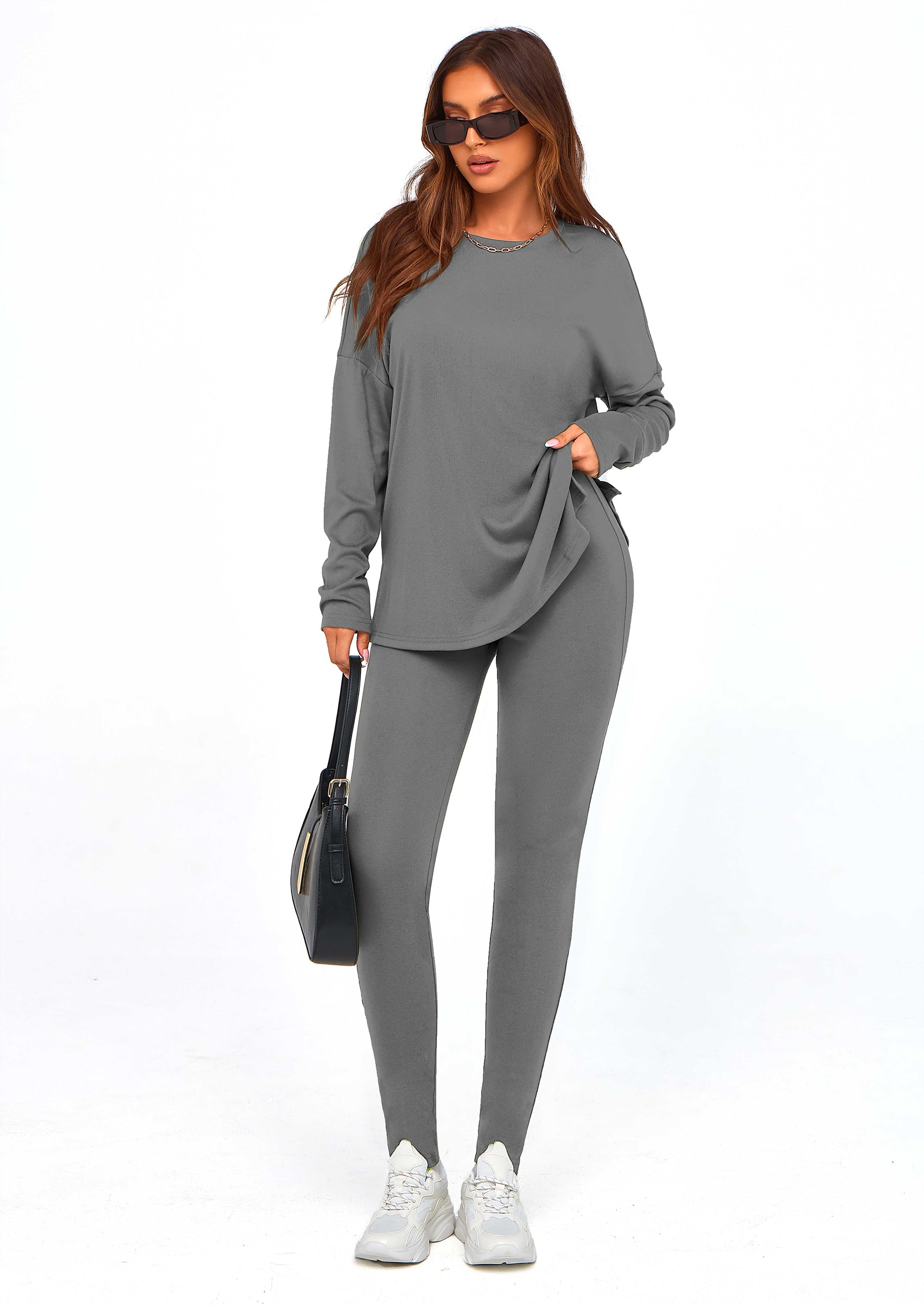 Chichi 2 Piece Outfits Casual Long Sleeve Tunic Tops Legging Pants Lounge Sets Sweatsuits Dark Grey