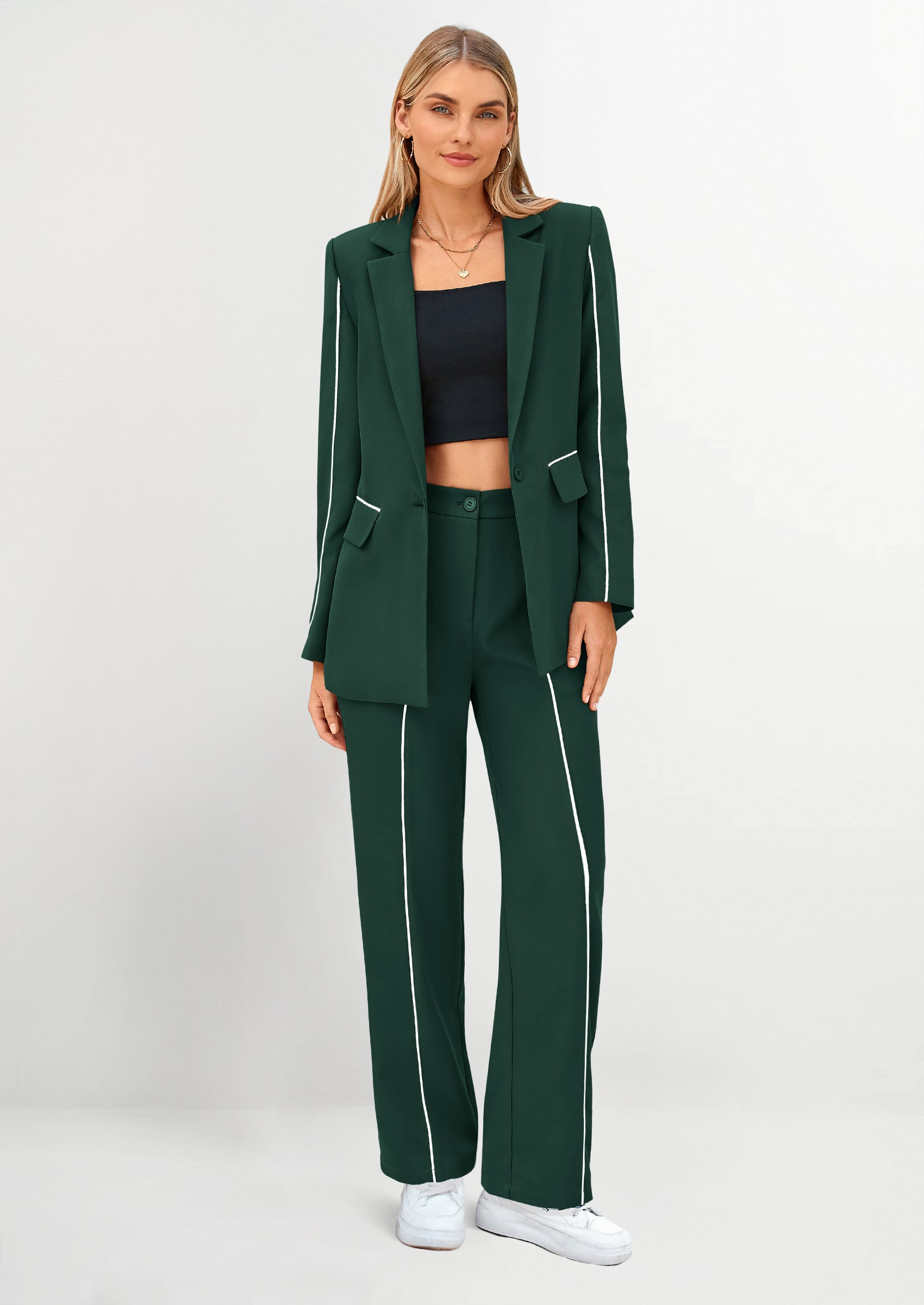 Chichi 2 Piece Blazer Outfits Business Casual Oversized Jacket Wide Leg Work Pants Dressy Suit Set Dark Green