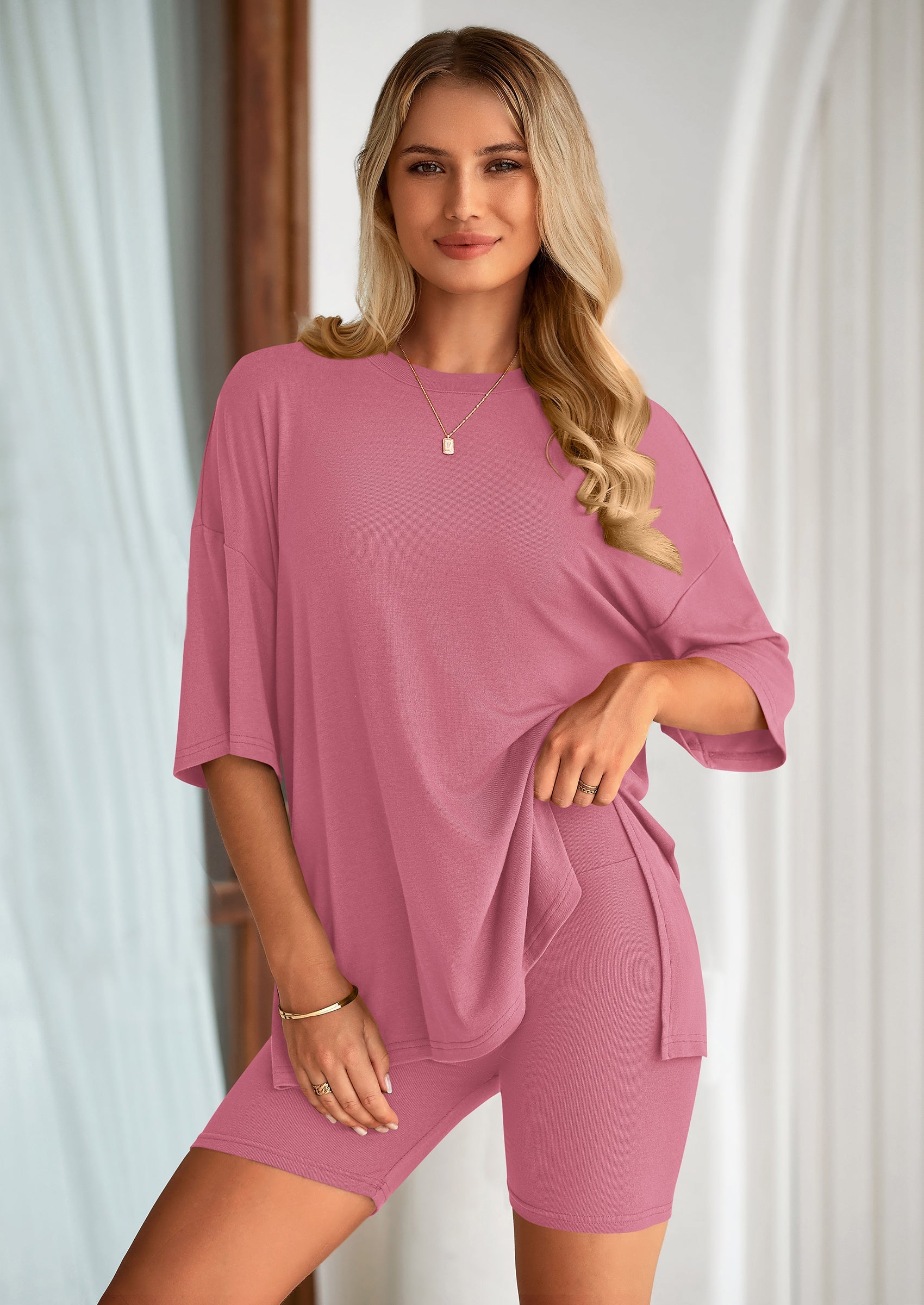 Chichi Women's Two Piece Lounge Set Summer Casual Oversized Shirts Biker Shorts Matching Airport Travel Outfit Rose Red