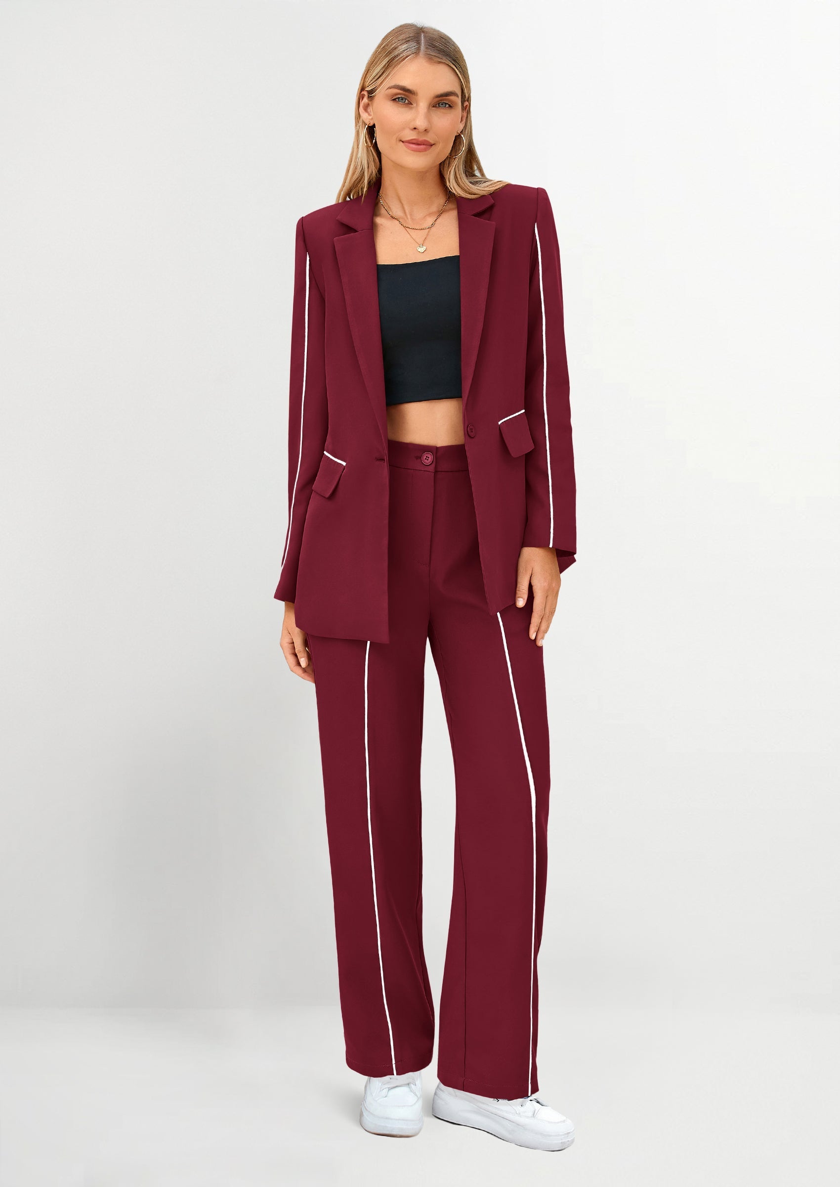 Chichi 2 Piece Blazer Outfits Business Casual Oversized Jacket Wide Leg Work Pants Dressy Suit Set Wine Red