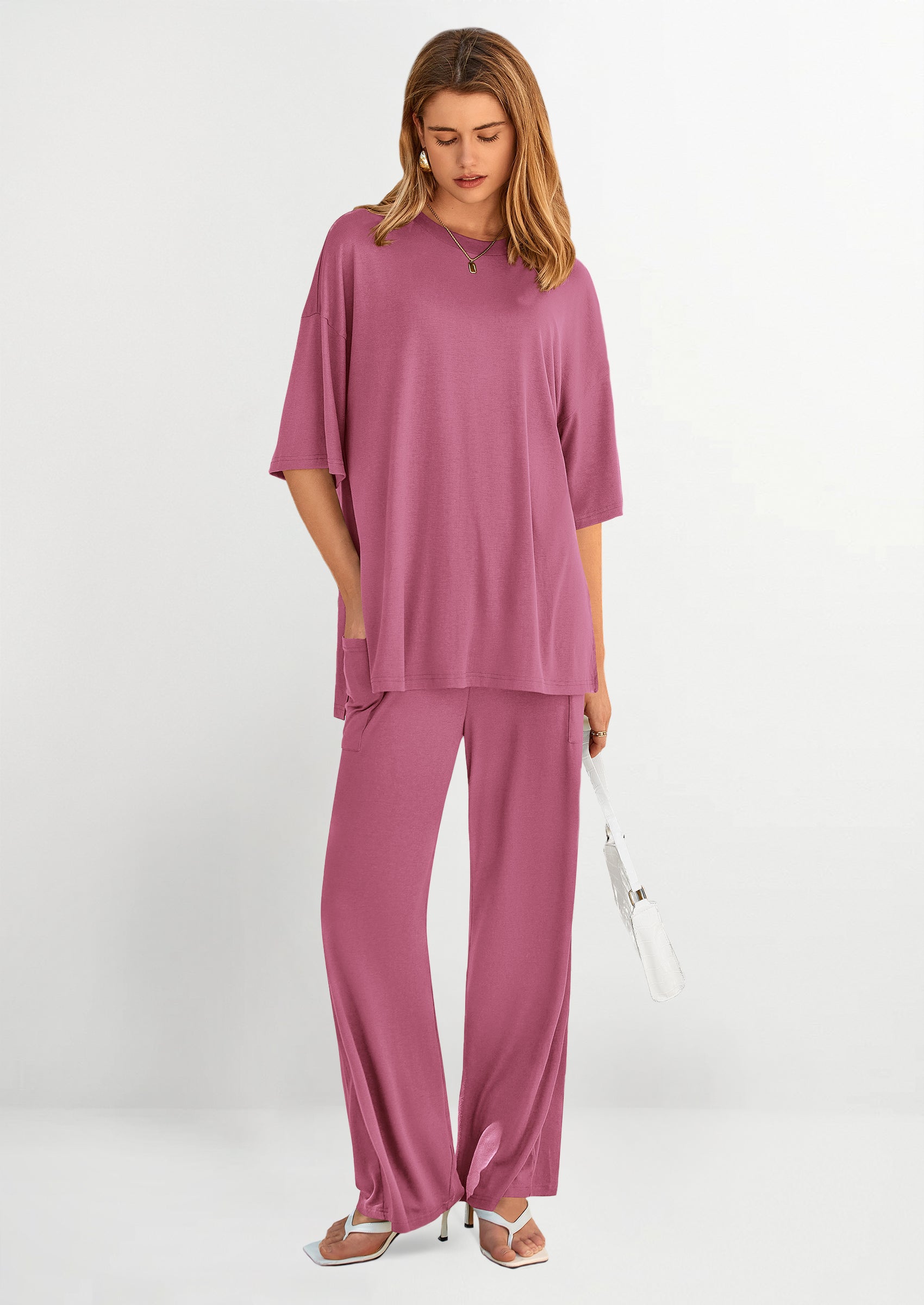Chichi Women's 2 Piece Outfits Casual Short Sleeve Pullover Tops and Wide Leg Pants Lounge Sets Tracksuits Pink