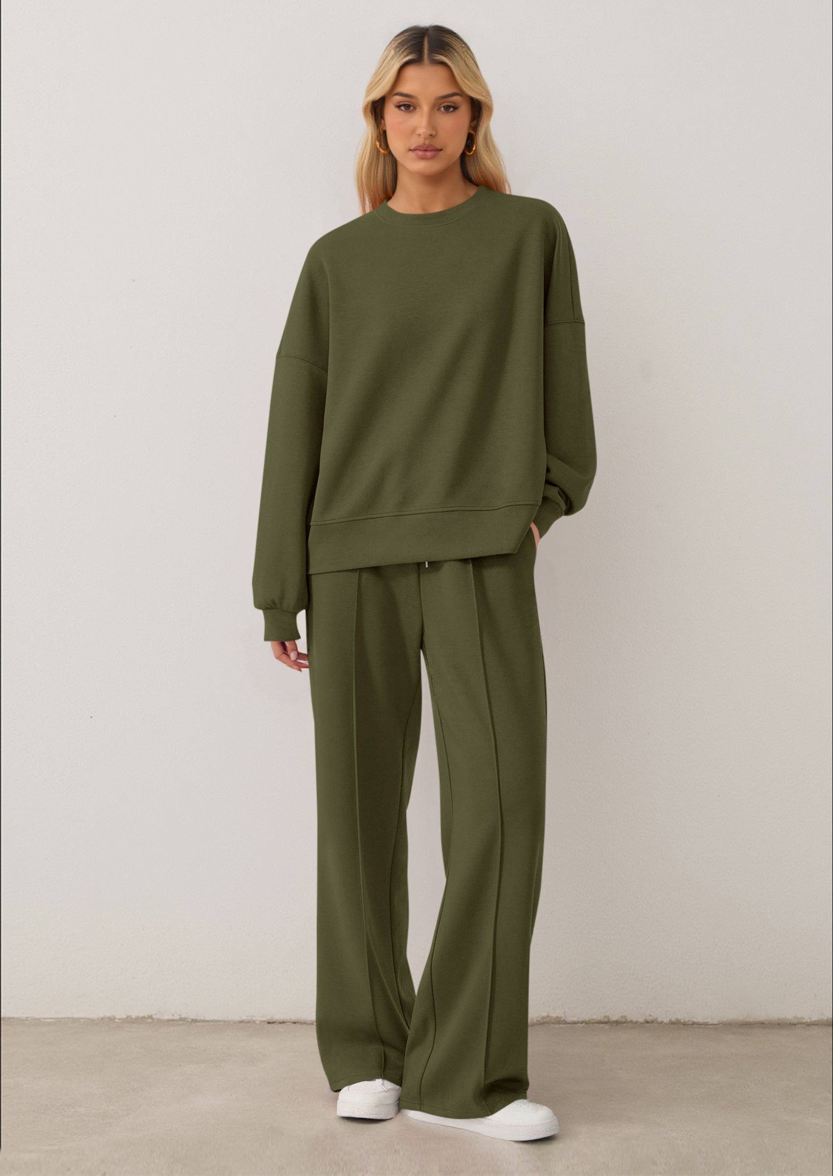 Chichi 2 Piece Sets For Women Fall Trendy Long Sleeve Sweatshirt Wide Leg Pants Loungewear Set Matching Sweatsuit Army Green