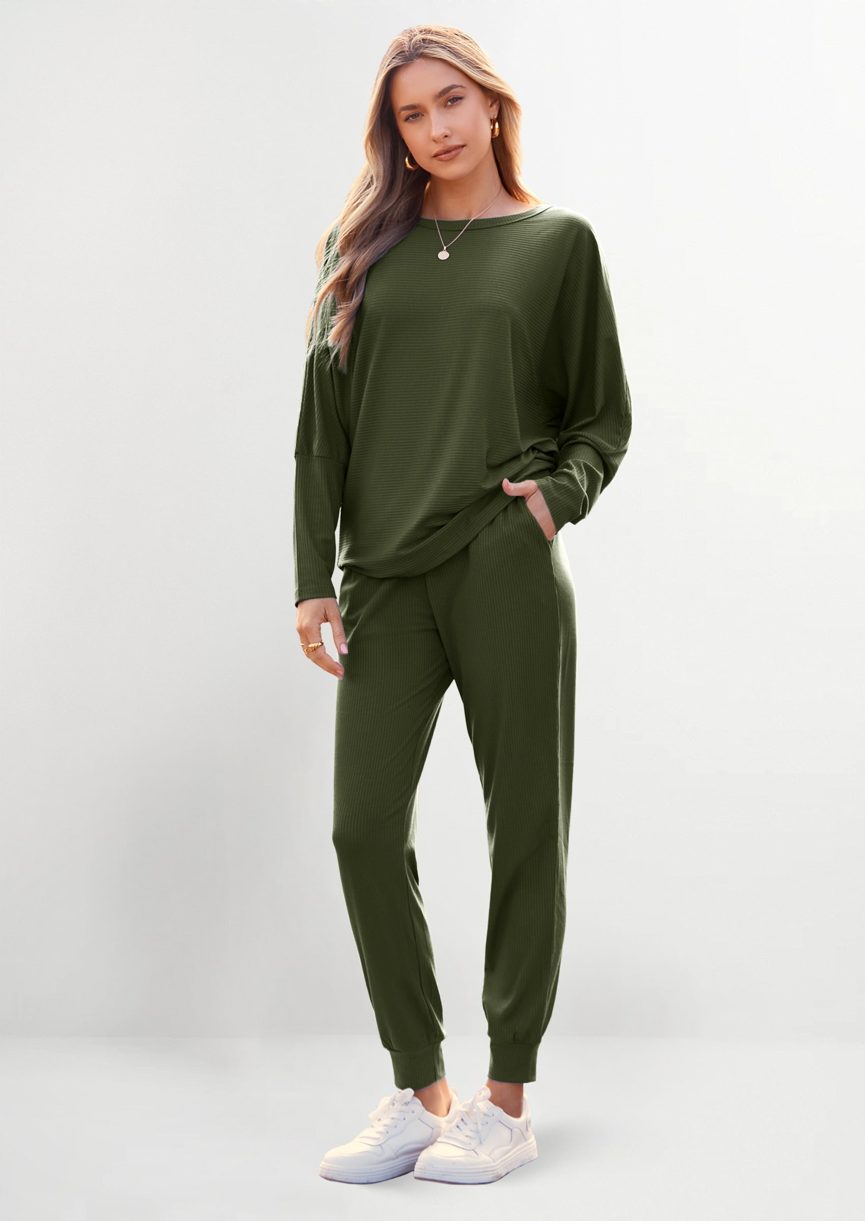 Chichi Women's Fall 2 Piece Lounge Set Long Sleeve Tops Ribbed Pants Spring Matching Sweatsuit Travel Outfits Clothes Army green
