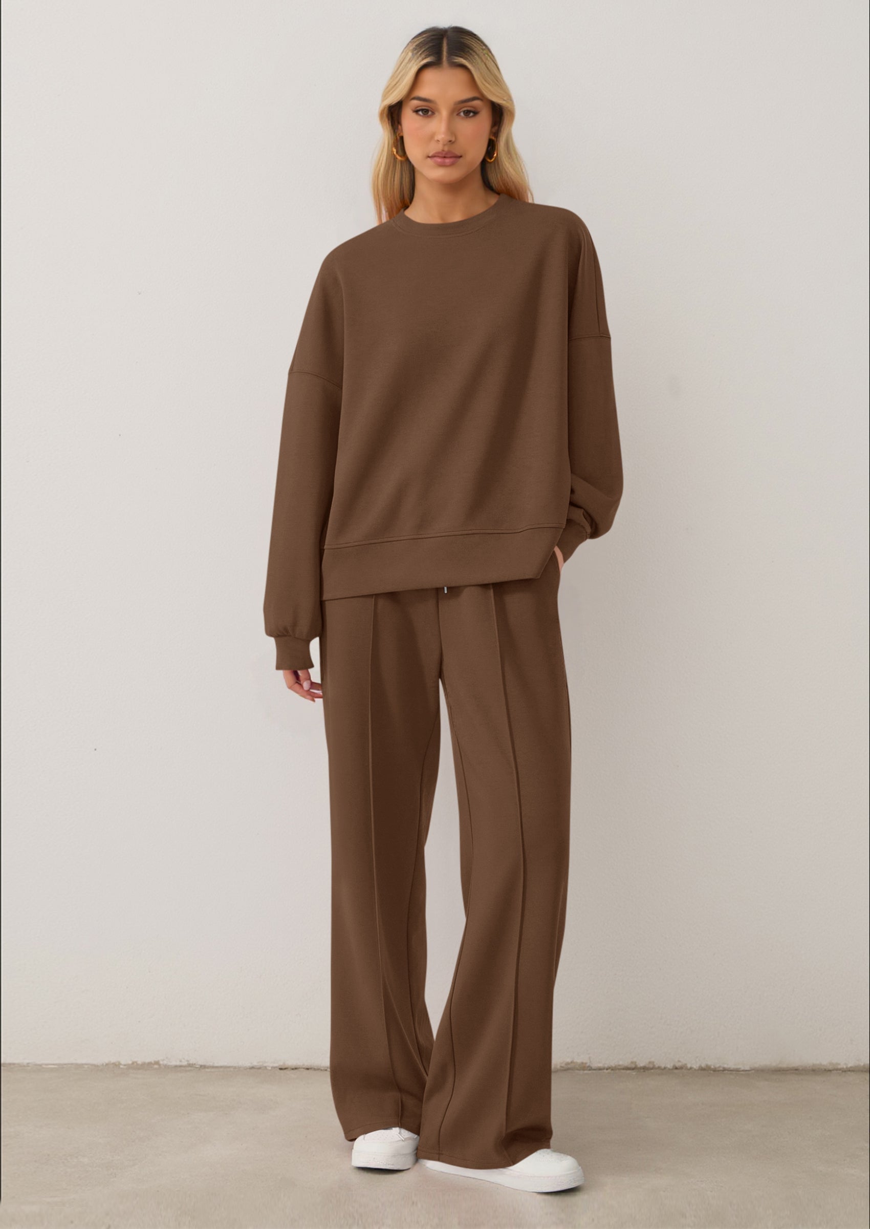 Chichi 2 Piece Sets For Women Fall Trendy Long Sleeve Sweatshirt Wide Leg Pants Loungewear Set Matching Sweatsuit Brown