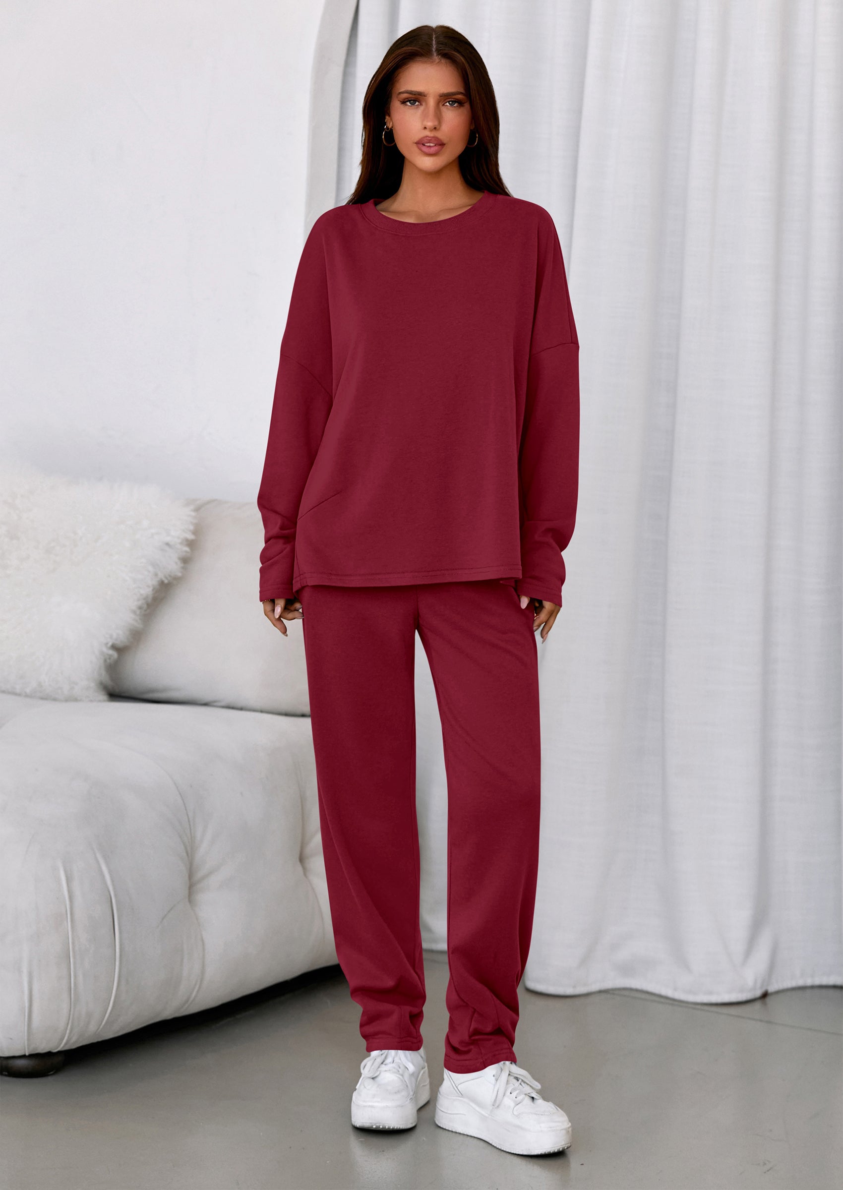 Chichi Womens 2 Piece Matching Lounge Sets Fall Long Sleeve Boatneck Sweatsuit Drawstring Sweatpants Pockets Burgundy
