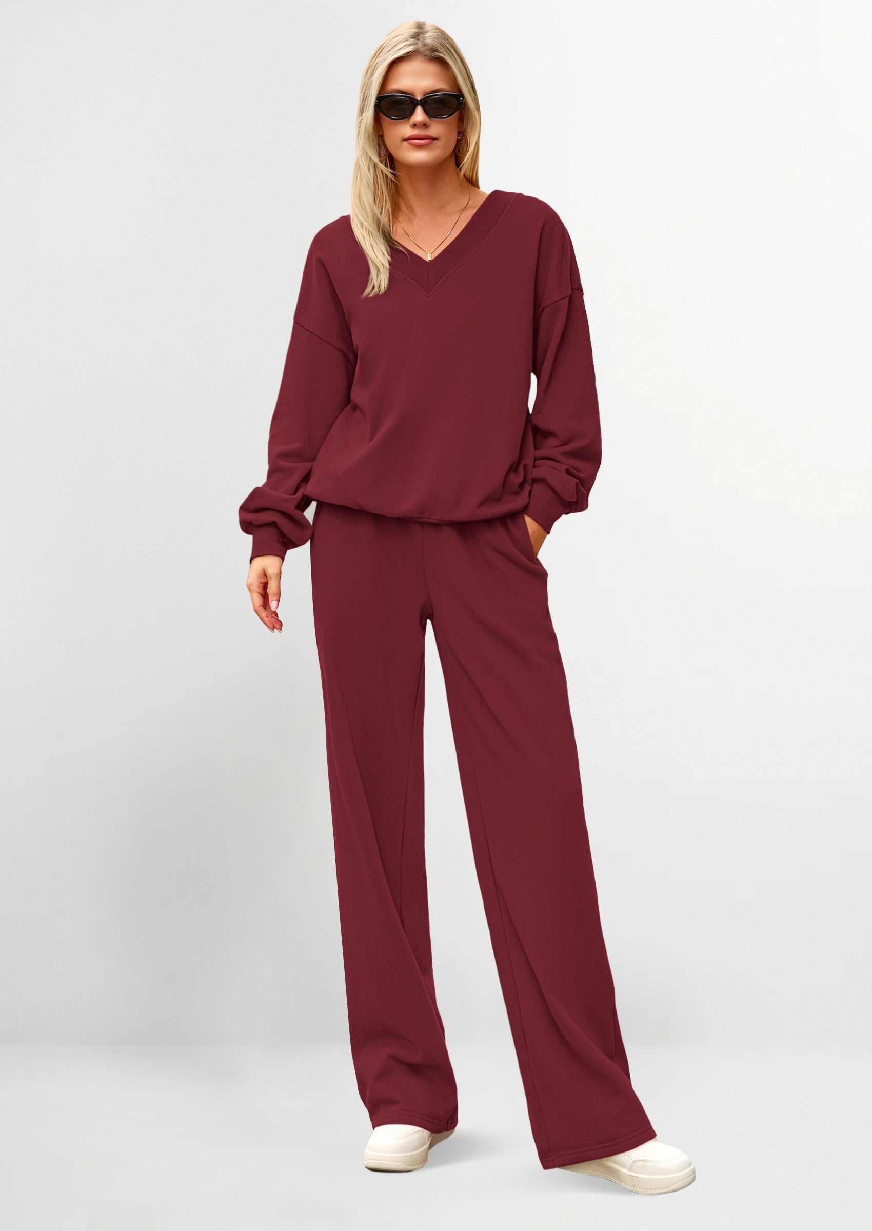 Chichi Casual Winter Two Piece Sets for Women V Neck Sweatshirt Loose Wide Leg Pants Tracksuit Knit Fall Outfits Wine Red