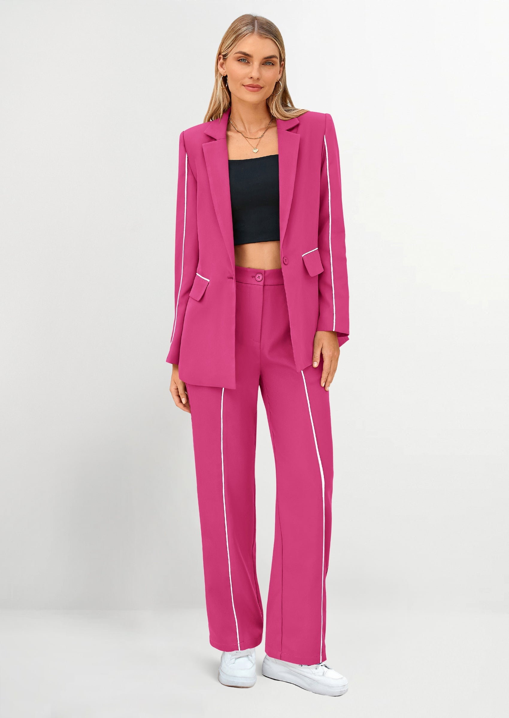 Chichi 2 Piece Blazer Outfits Business Casual Oversized Jacket Wide Leg Work Pants Dressy Suit Set Rose Red