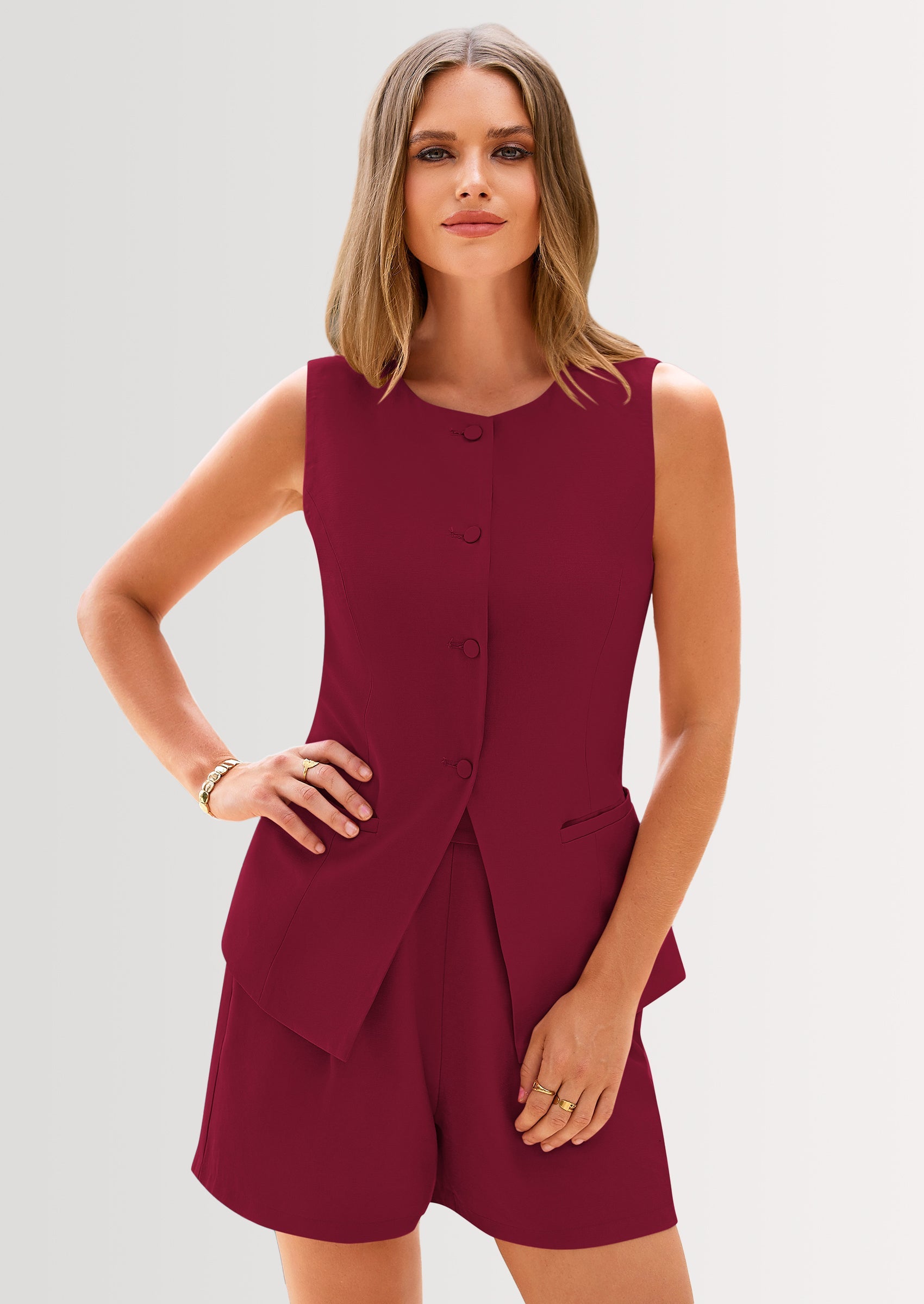 ChichiTwo Piece Sets Button Down Suit Vest Tops High Waisted Shorts Business Casual Outfits Wine Red