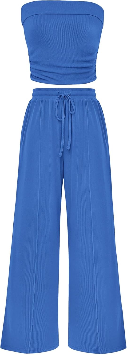 Chichi 2 Piece Sets Casual Ribbed Knit Crop Tube Top Wide Leg Pants Lounge Set Blue