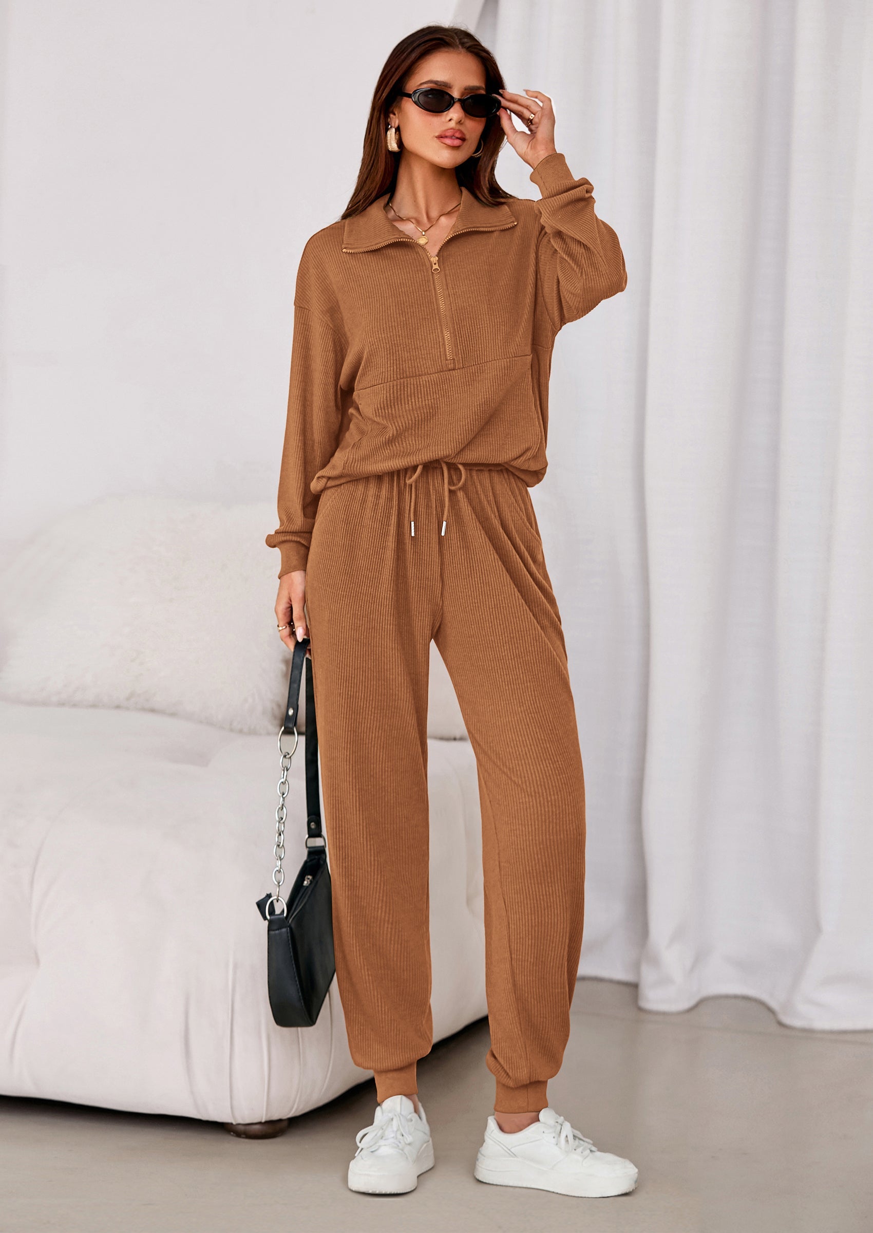 Chichi Women's Fall 2 Piece Lounge Sets Zip Up Sweatshirt Jogger Pants Sweat Track Suits Travel Outfit Winter Clothing Black