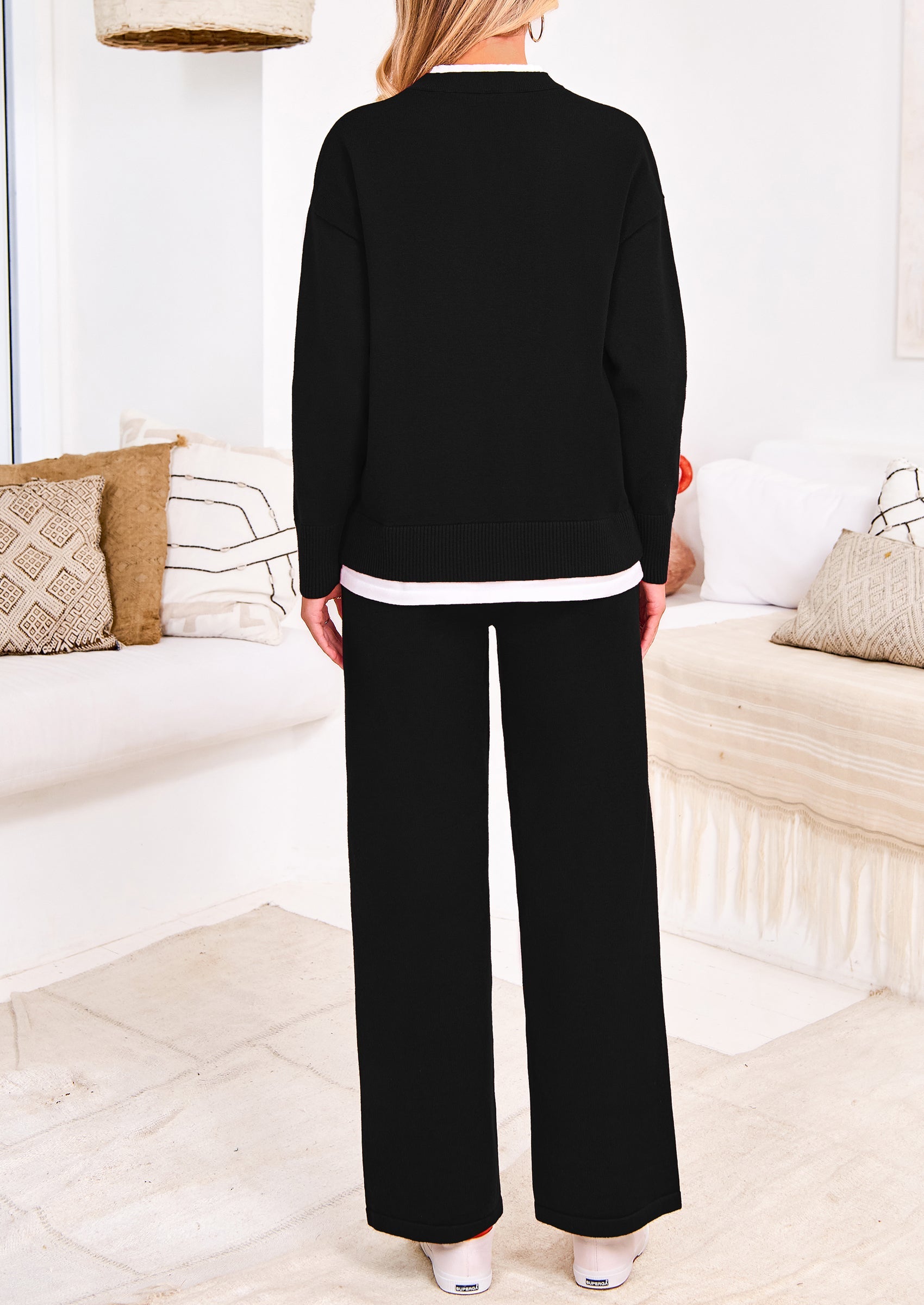 Chichi Two Piece Matching Sweater Lounge Sets Knit Long Sleeve Pullover Tops Wide Leg Pants Black