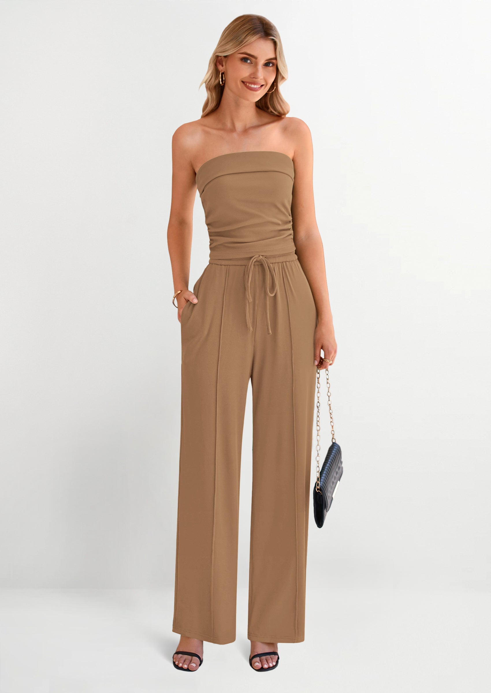 Chichi 2 Piece Sets Casual Ribbed Knit Crop Tube Top Wide Leg Pants Lounge Set Camel
