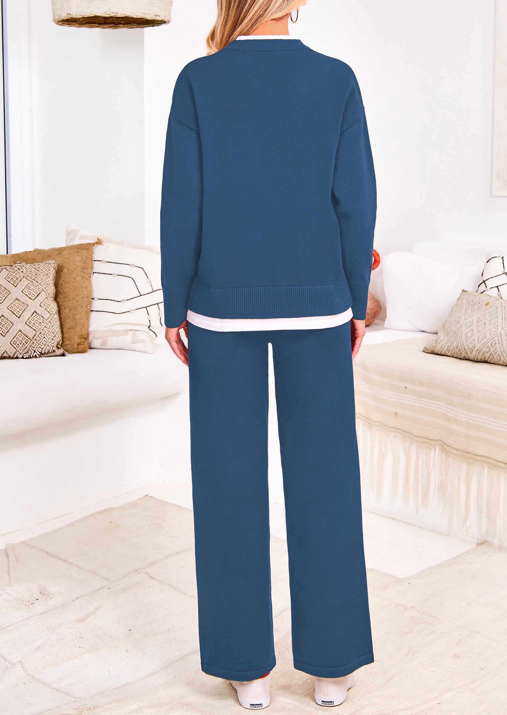 Chichi Two Piece Matching Sweater Lounge Sets Knit Long Sleeve Pullover Tops Wide Leg Pants Wine Red