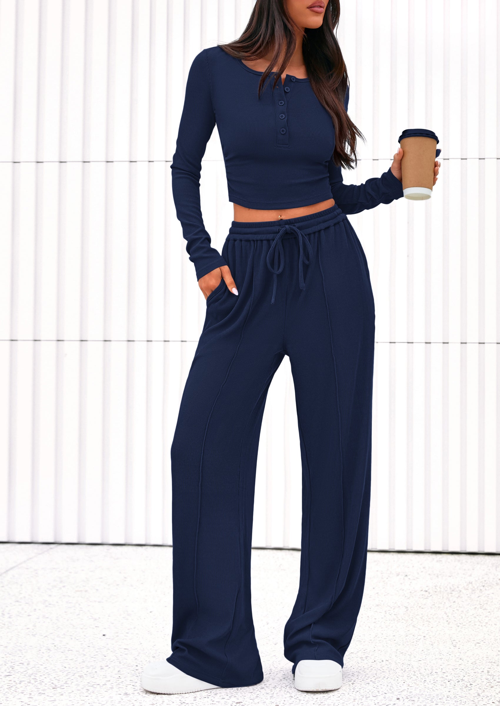 Chichi Women's Fall Trendy 2 Piece Outfits Lounge Sets Long Sleeve Top Henley Shirts Wide Leg Pants Travel Clothes Navy Blue