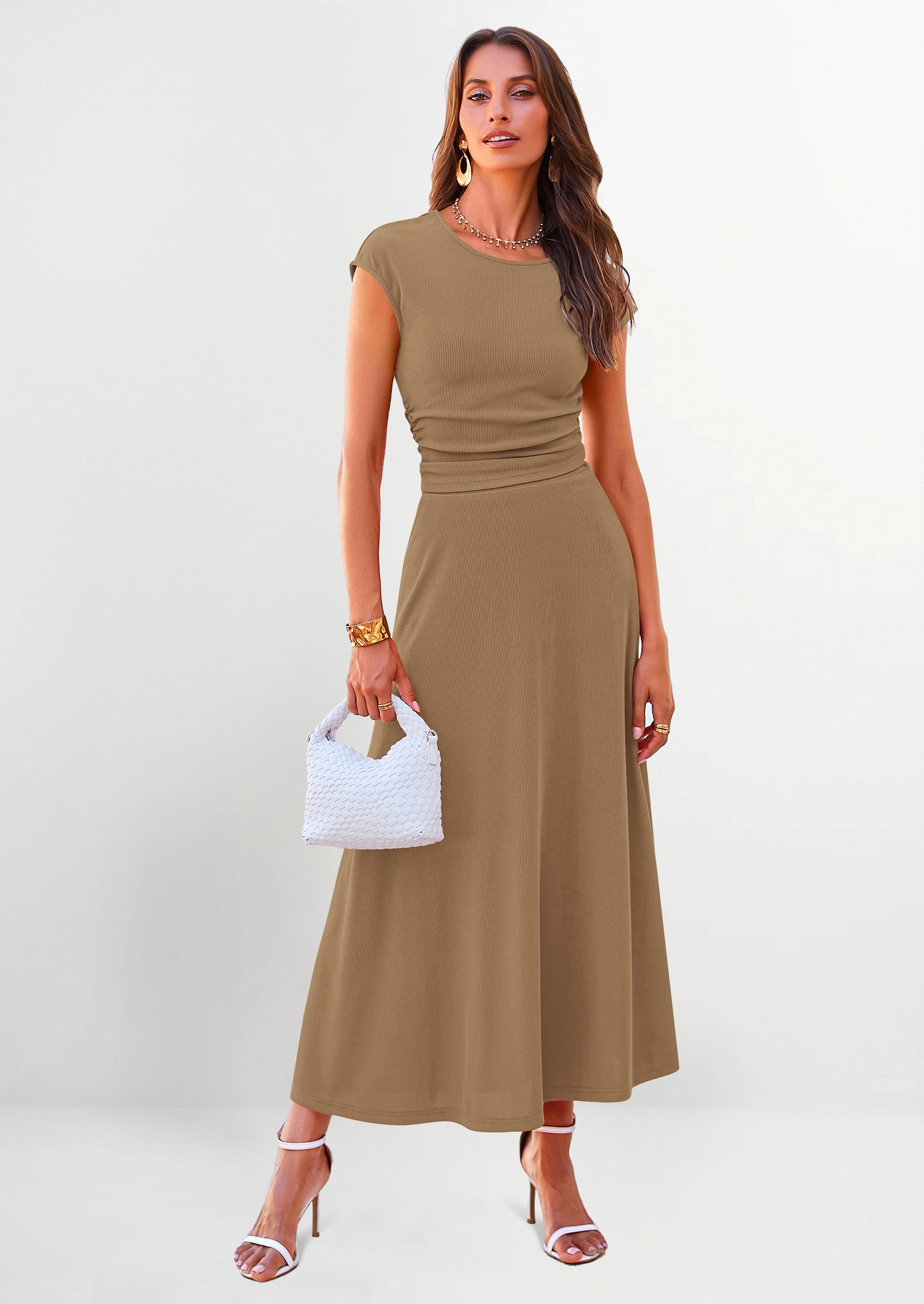 Chichi Summer Two Piece Skirt Set for Women Dressy Casual Knit Matching Travel Spring Vacation Lounge Outfits Khaki