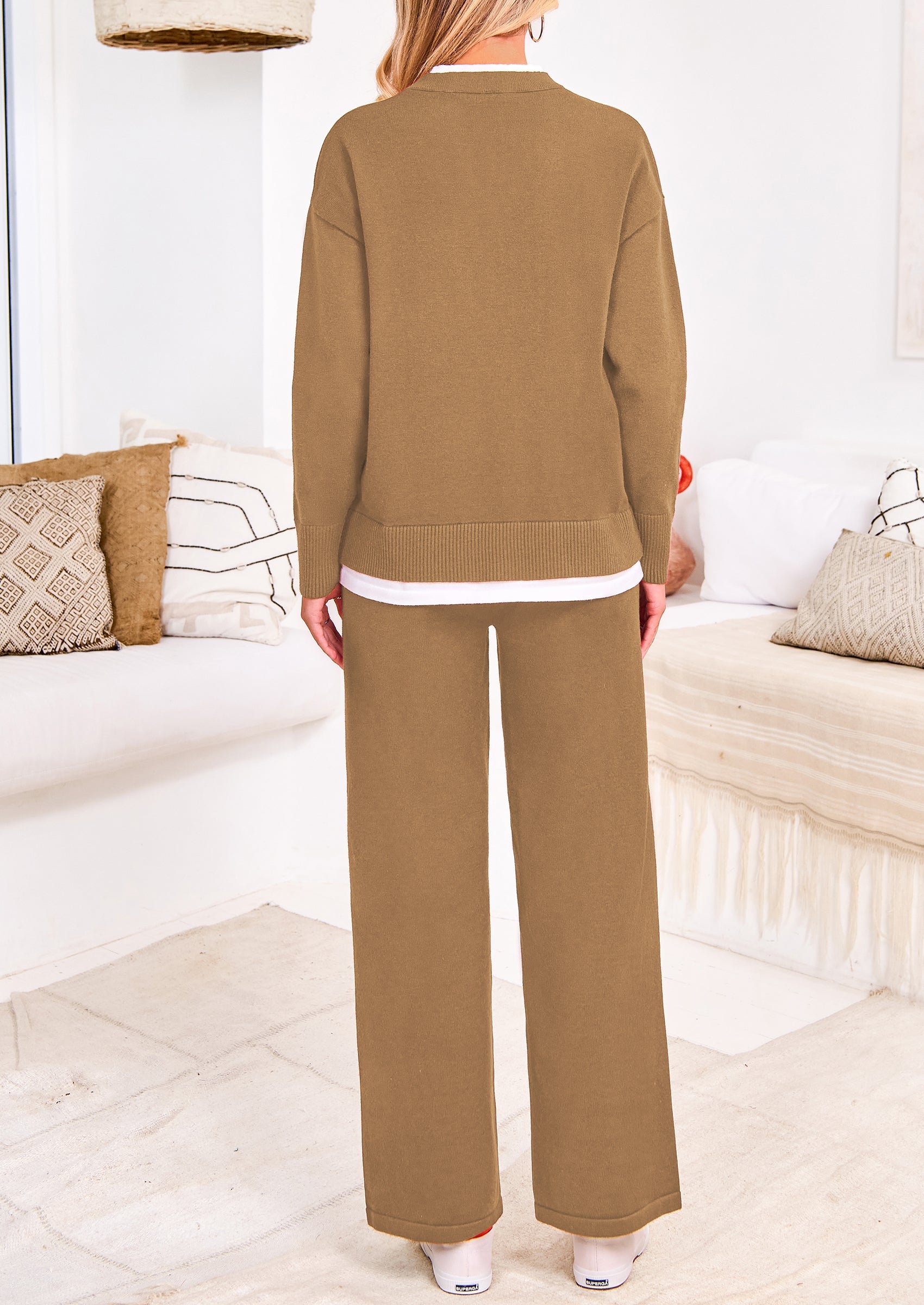 Chichi Two Piece Matching Sweater Lounge Sets Knit Long Sleeve Pullover Tops Wide Leg Pants Beige